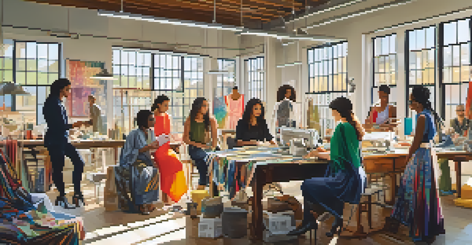 A group of diverse fashion designers collaborating in a workshop filled with textiles and sewing machines, showcasing creativity and teamwork.