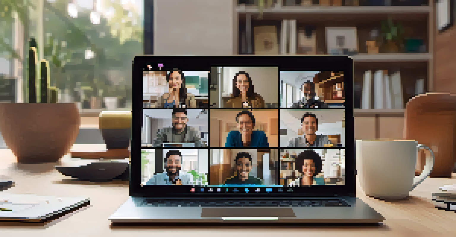 A close-up of a laptop screen showing a video call with diverse remote workers, with a coffee cup and notepad on the desk, under warm lighting.