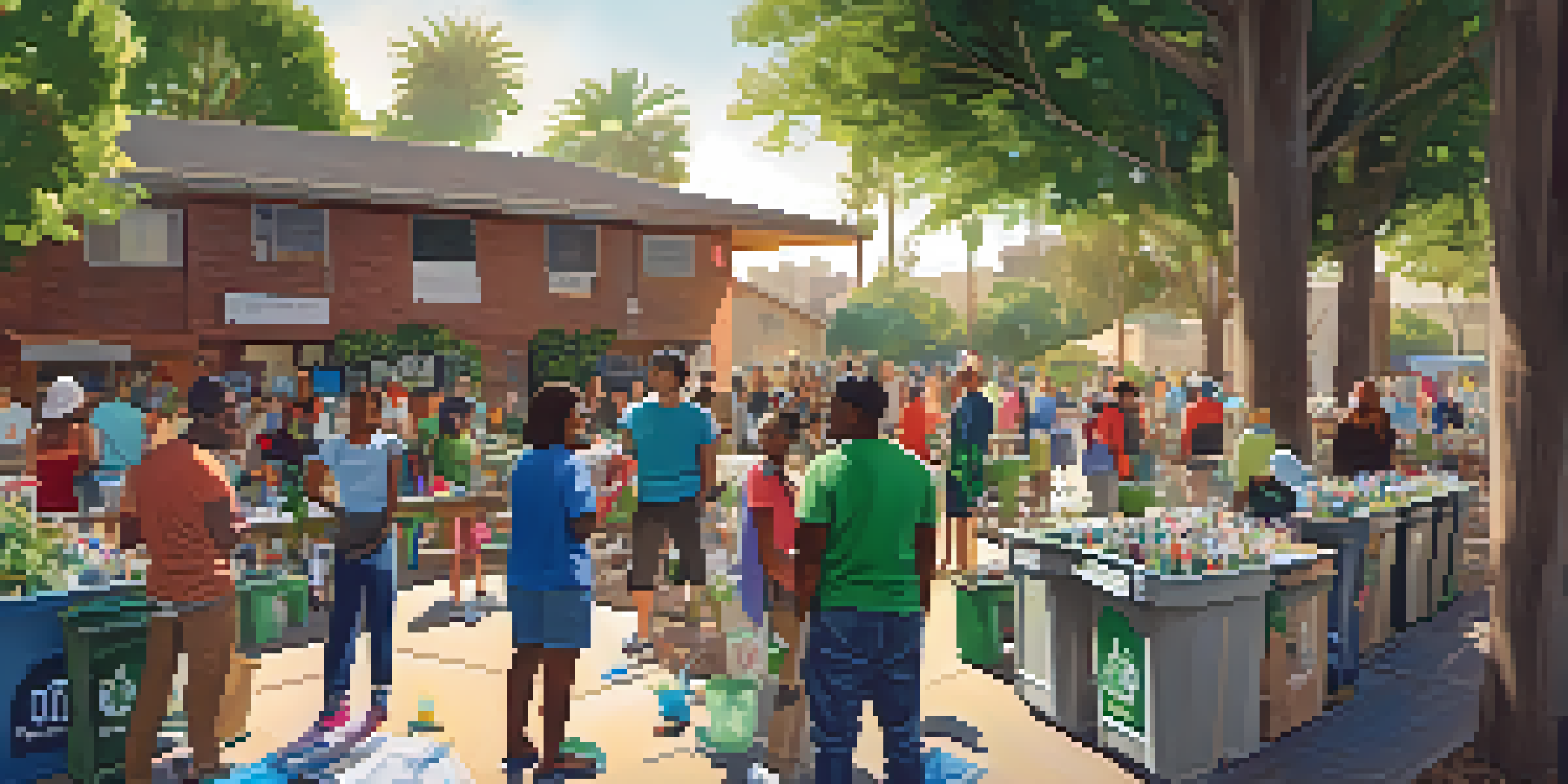 A community workshop in Los Angeles with residents learning about recycling, surrounded by colorful materials and educational posters.