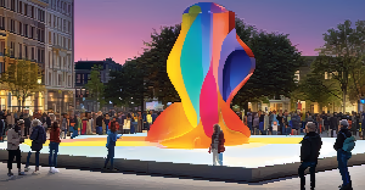 Colorful interactive sculptures in a city square with people engaging around them.