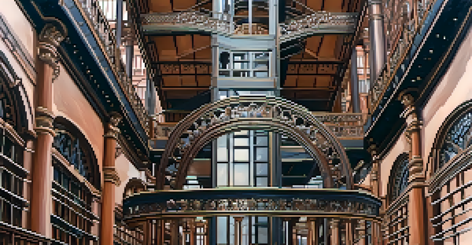 Interior view of the Bradbury Building showcasing intricate ironwork and a bright atrium filled with visitors.