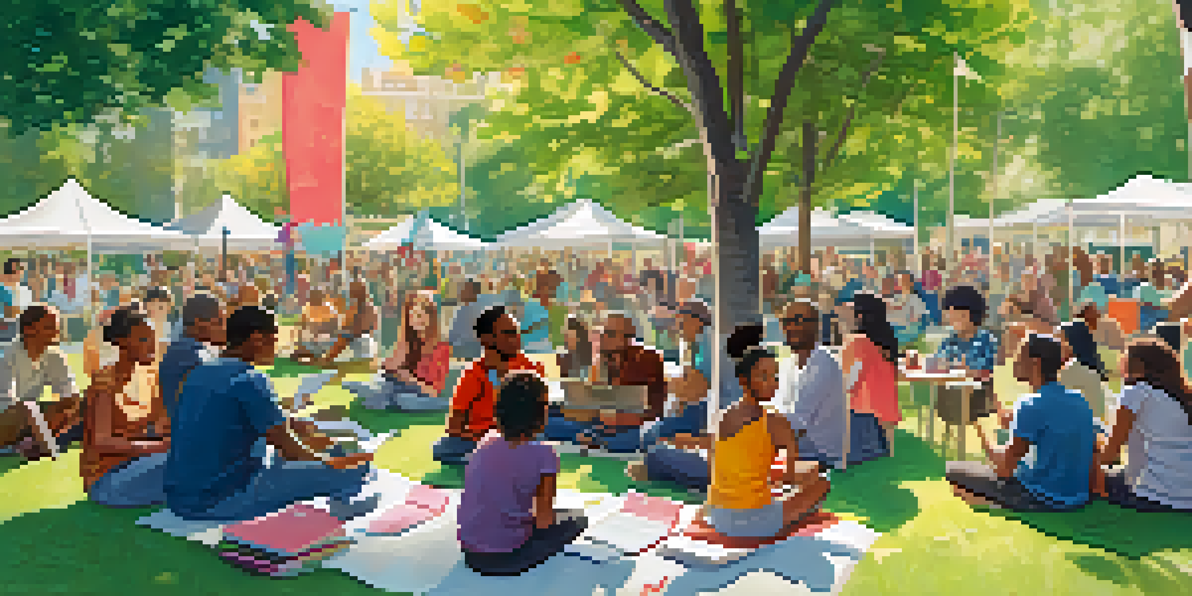 A diverse group of people discussing civic engagement in a sunny park, surrounded by nature and colorful banners.
