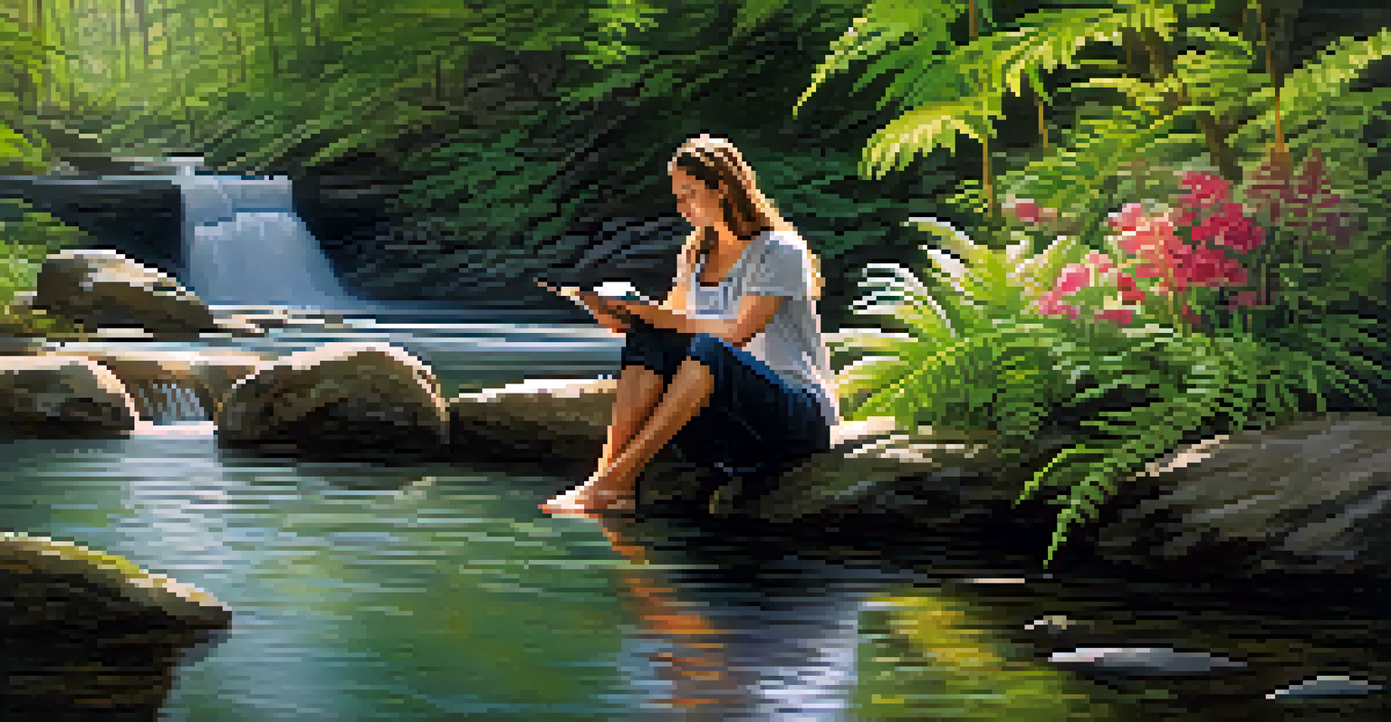 A person meditating by a stream, surrounded by ferns and flowers, with soft sunlight creating a peaceful atmosphere.