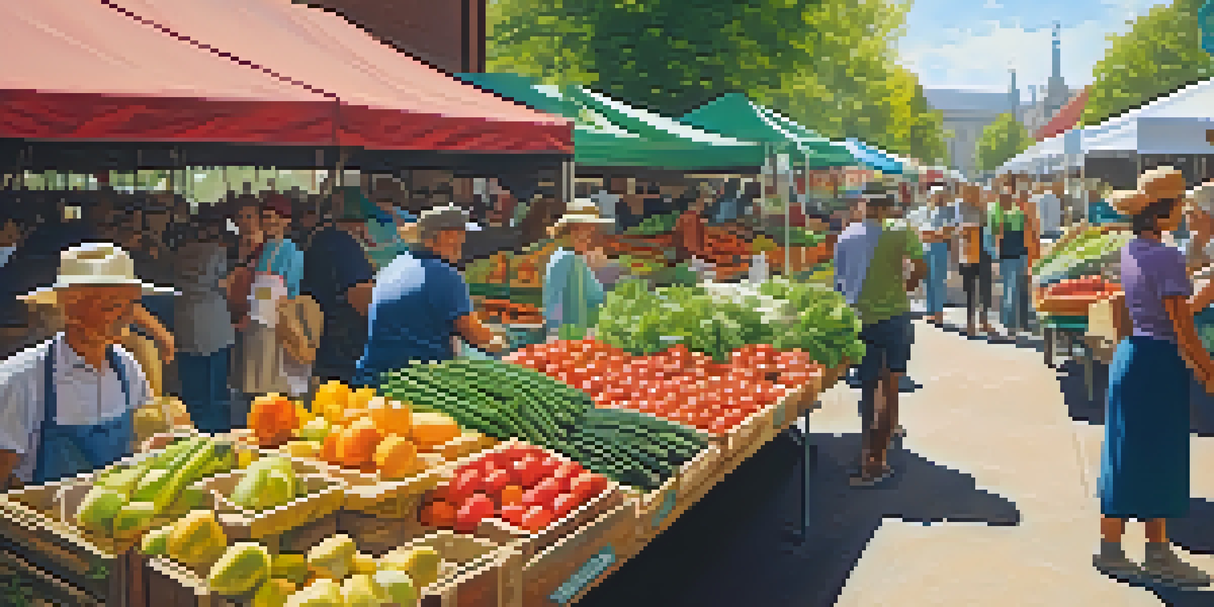 A lively farmers' market with fresh organic fruits and vegetables, colorful stalls, and shoppers interacting with farmers under bright sunlight.