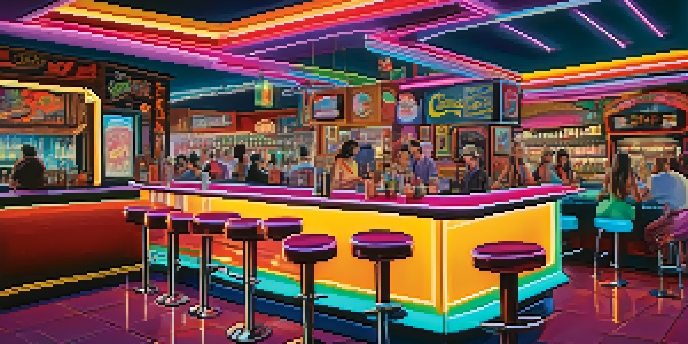 A lively 1980s retro-themed bar with neon lights, vintage arcade games, and patrons enjoying drinks and games.