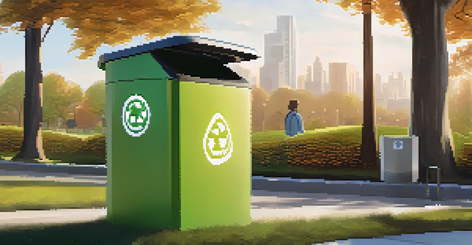 A modern smart waste bin in an urban park, highlighting its sleek design and recycling information under soft afternoon light.