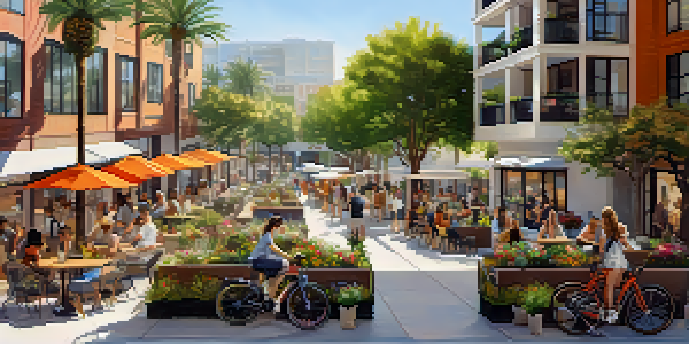 A lively urban scene depicting a mixed-use development with an outdoor café, modern apartments, and green spaces under warm sunlight.