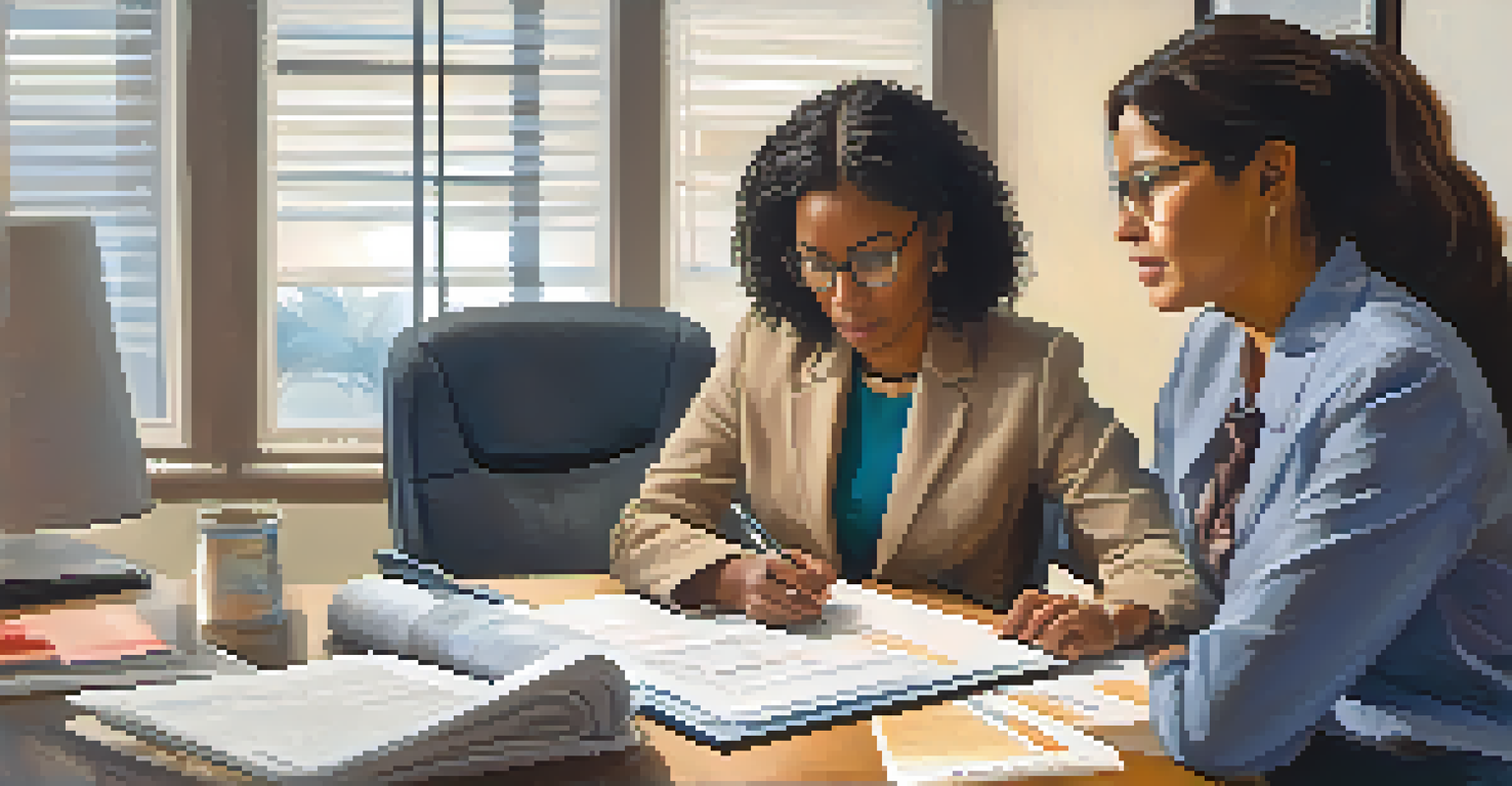 A nonprofit worker providing legal assistance to an immigrant woman in a professional consultation setting with documents on the table.