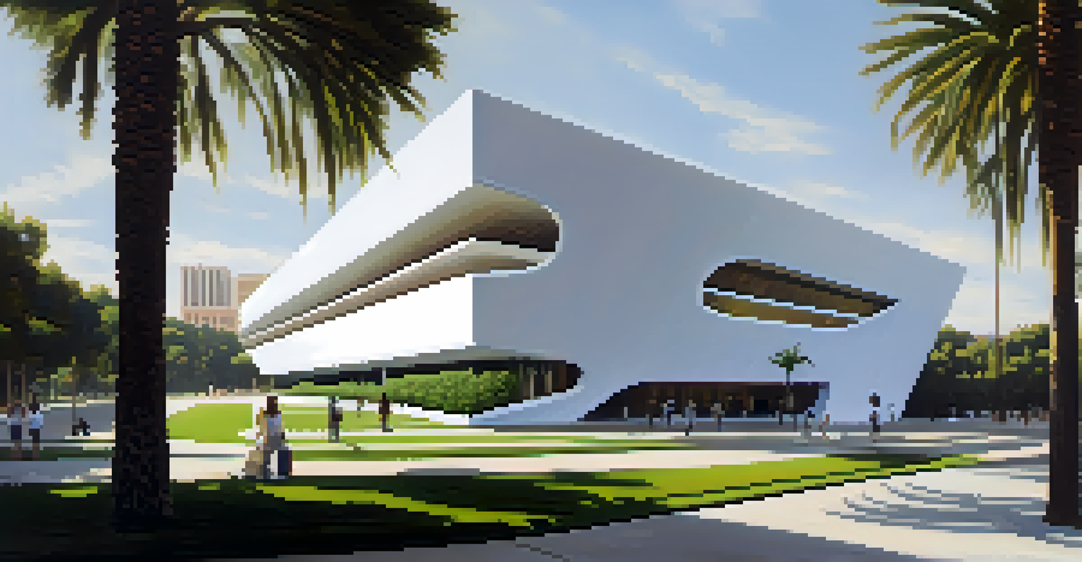 The Broad Museum in Los Angeles, showcasing its unique architecture surrounded by greenery and art installations under bright sunlight.