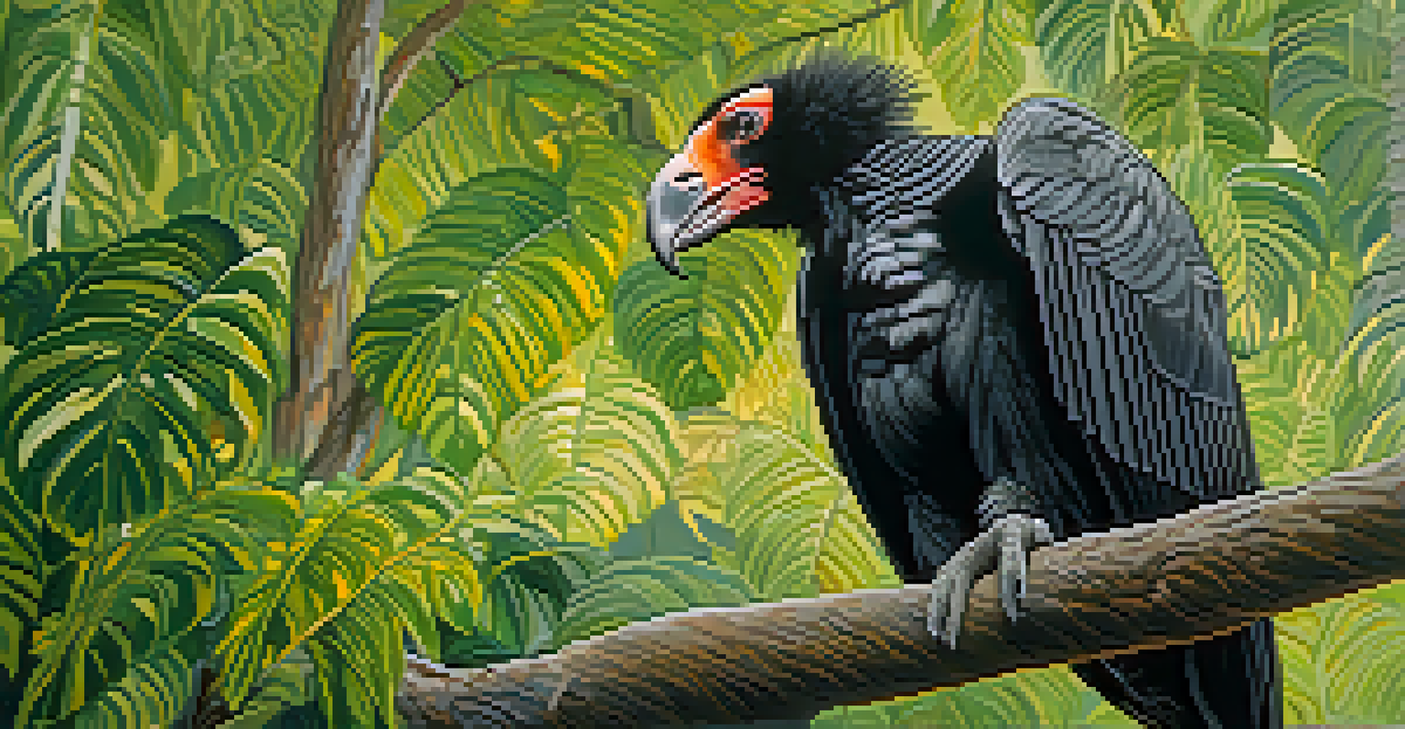 A close-up of a California condor perched on a branch in a green forest.