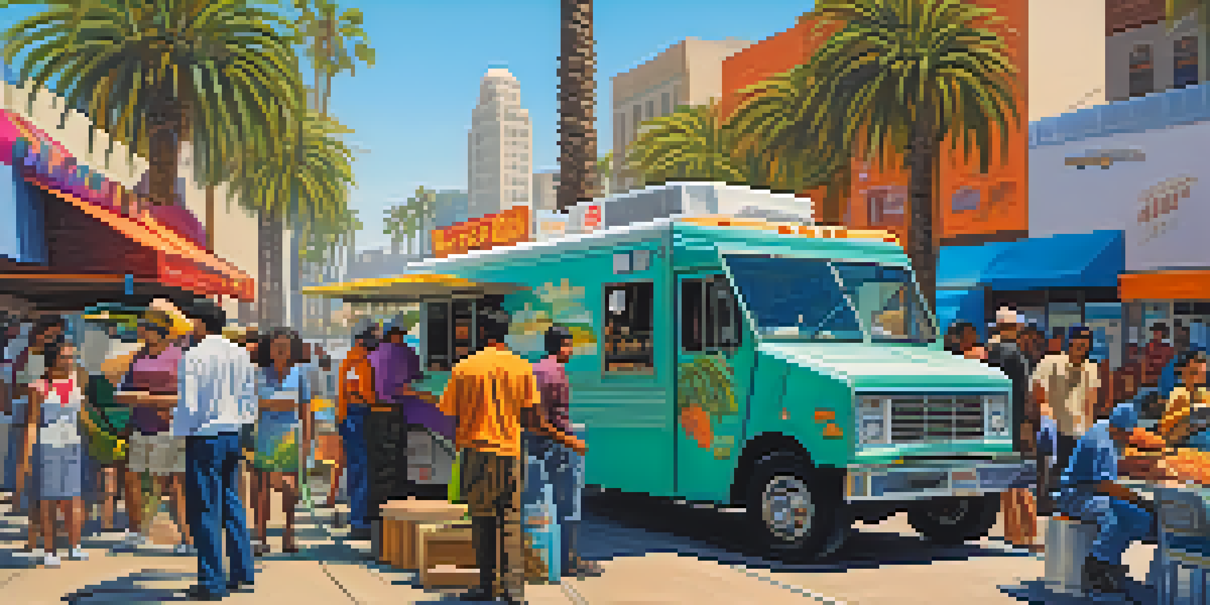 A lively street scene in Los Angeles with a colorful taco truck and diverse customers, highlighting immigrant workers.
