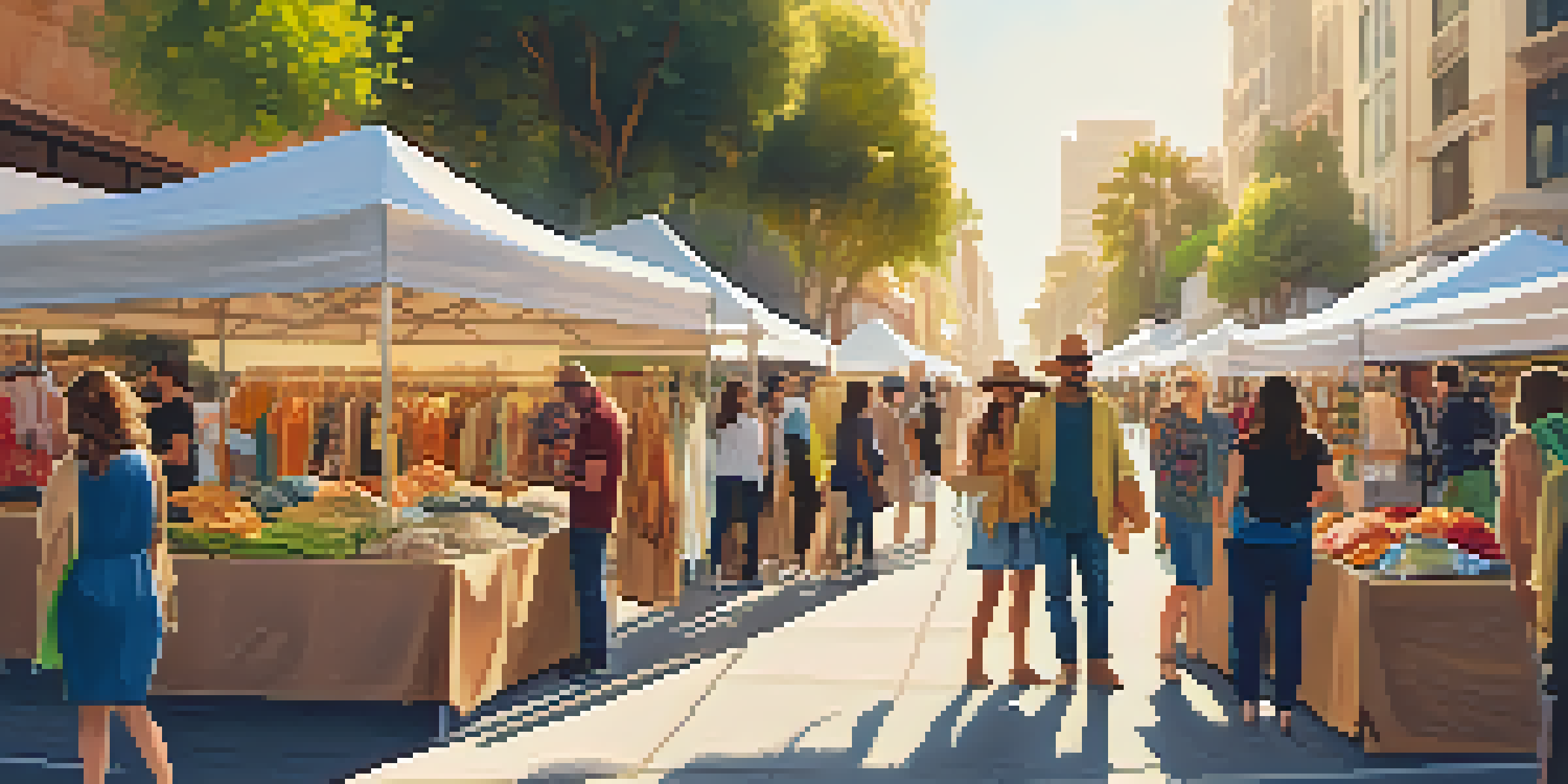 A colorful outdoor market in Los Angeles featuring sustainable fashion with various stalls and people interacting under the sun.