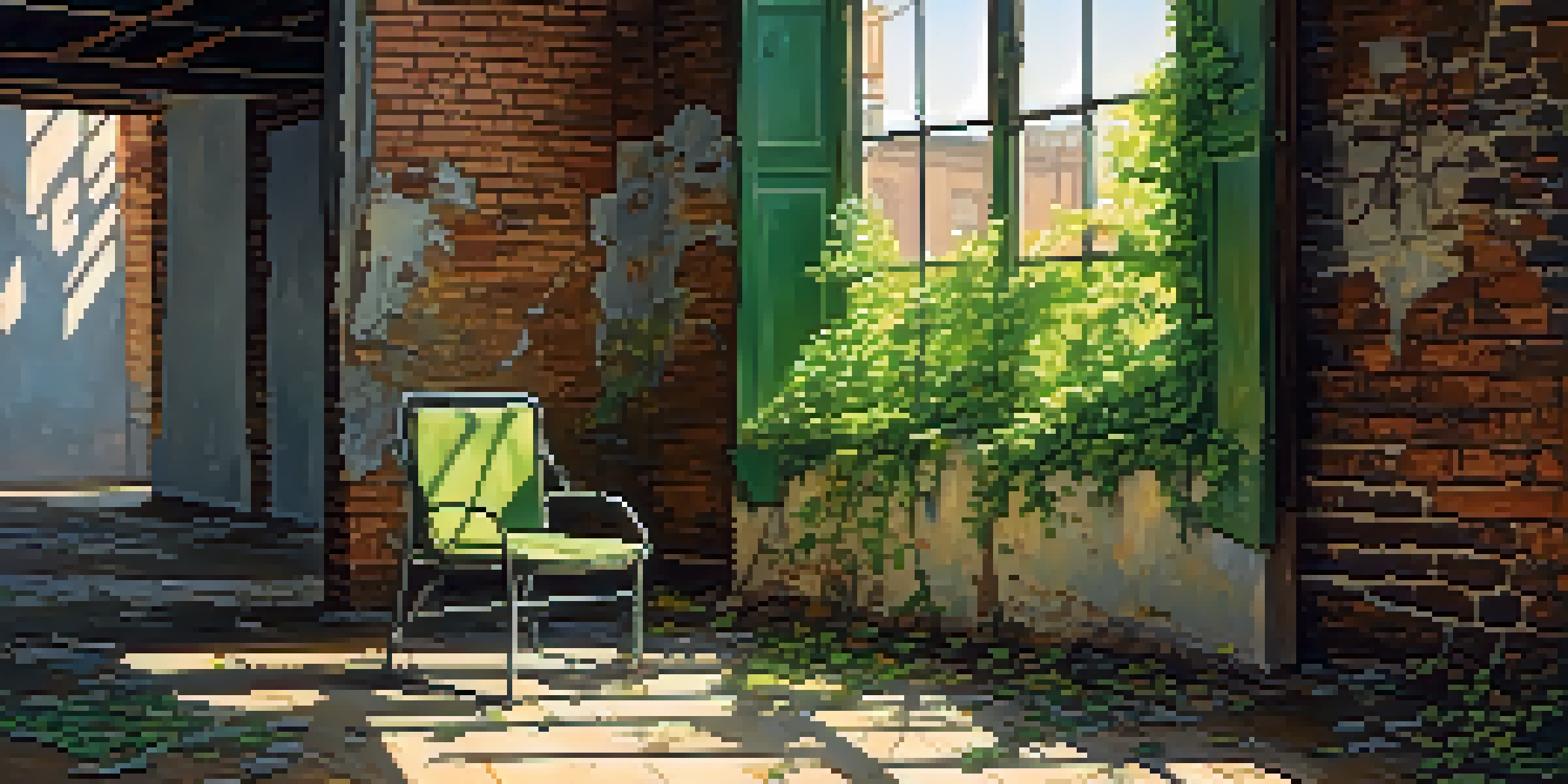 A sunlit view of an abandoned building in Los Angeles with crumbling brick walls and vibrant green vines.