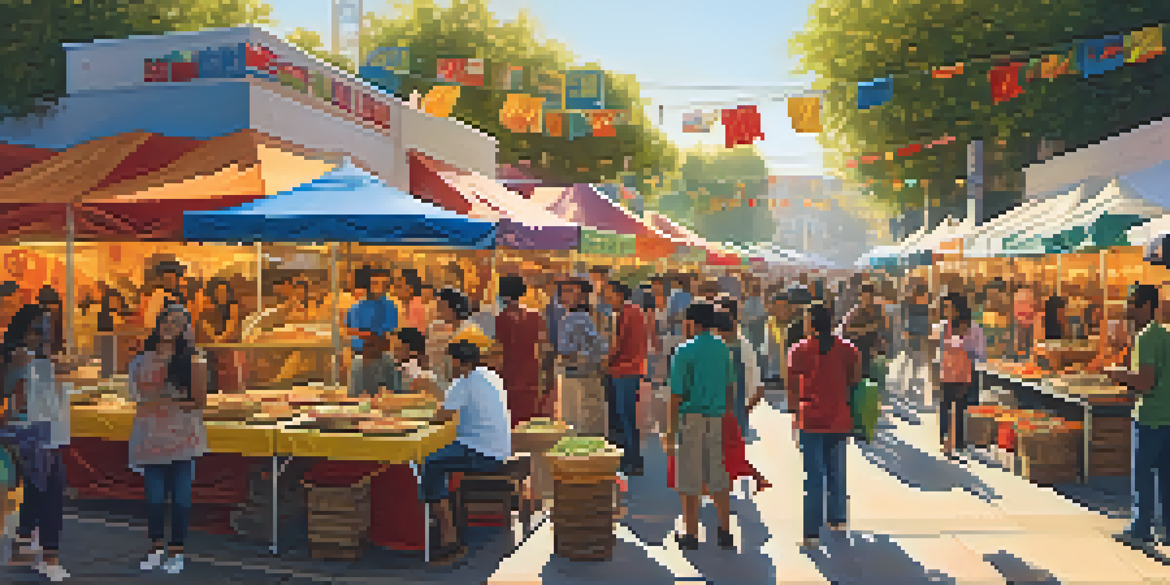 A lively street food festival in Los Angeles with a diverse crowd enjoying various cuisines.