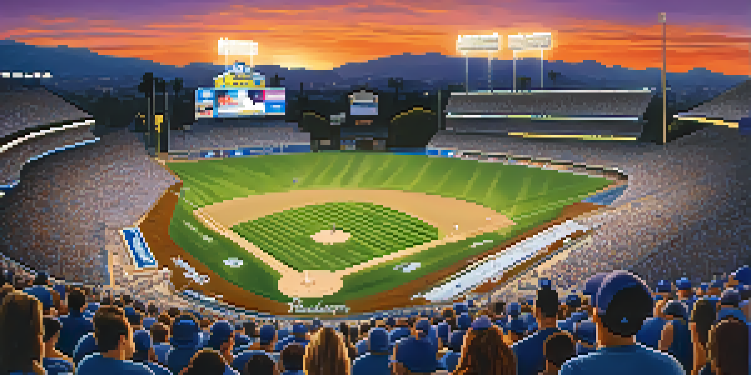 A panoramic view of Dodger Stadium at sunset, with colorful skies and fans in the stands.