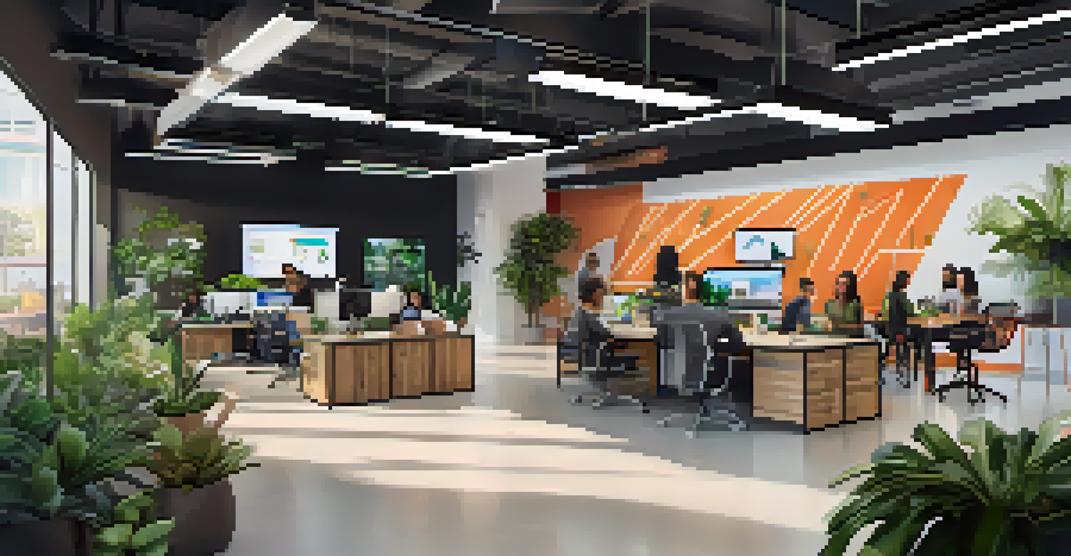 A modern tech startup office in Los Angeles, featuring a diverse team collaborating on a project in a bright and energetic environment.