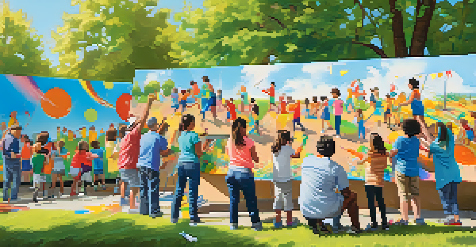 Residents of all ages collaboratively painting a mural in a park, surrounded by vibrant colors under a clear blue sky.