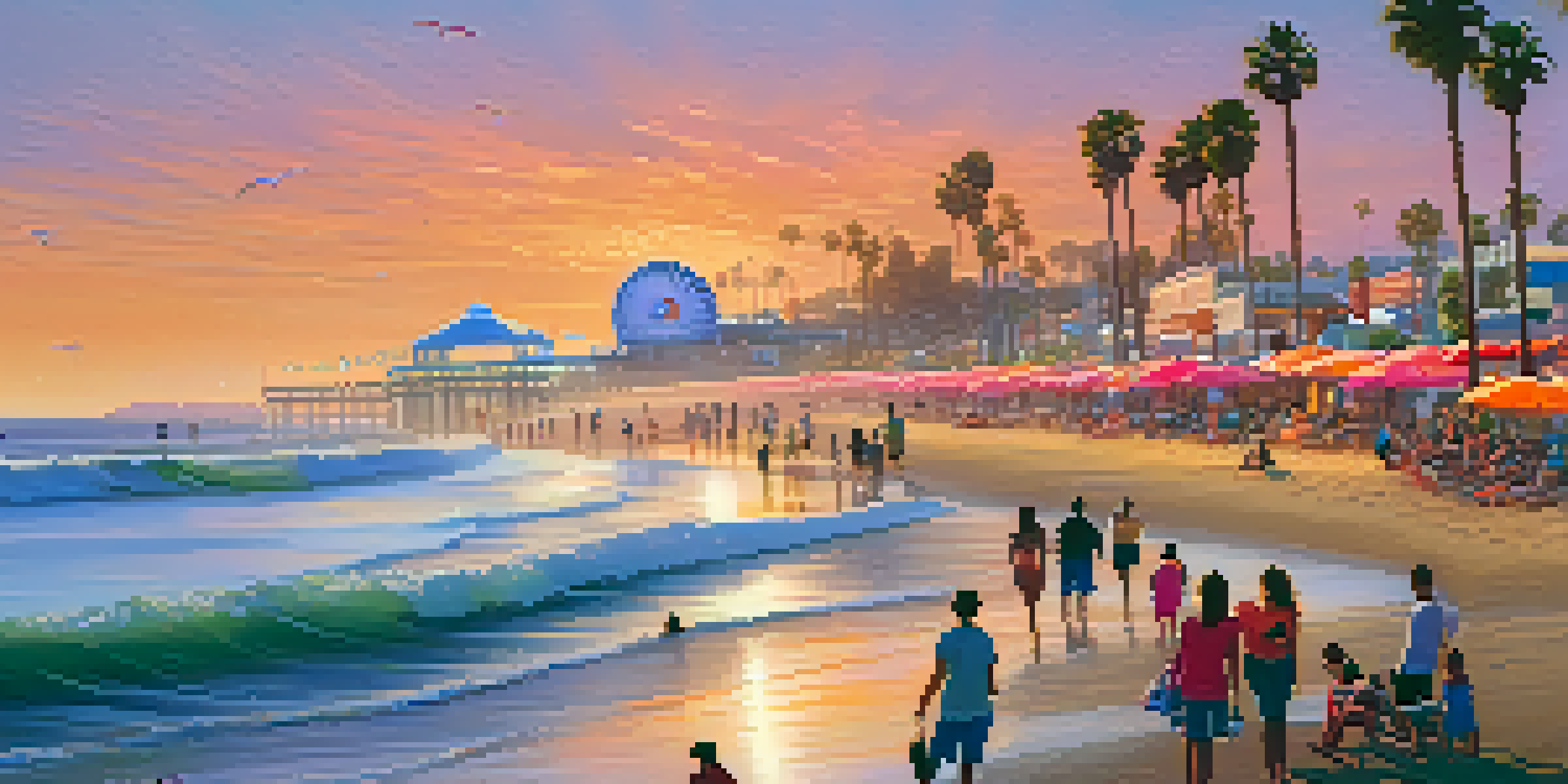 A vibrant sunset over a Los Angeles beach, with families enjoying the shore, colorful umbrellas, and the Santa Monica Pier in the background.