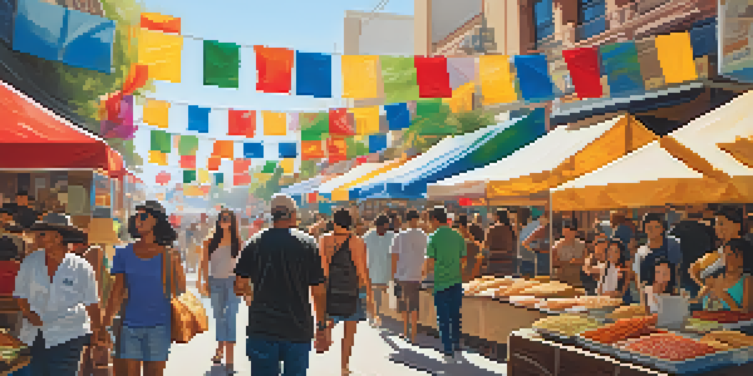 A lively street scene at a Los Angeles cultural festival with diverse attendees enjoying traditional foods and colorful stalls.