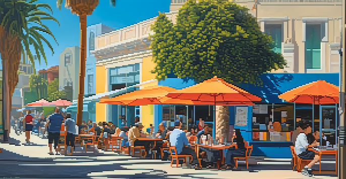 A lively outdoor café in Los Angeles with diverse writers discussing and writing, surrounded by palm trees and colorful murals under a sunny sky.