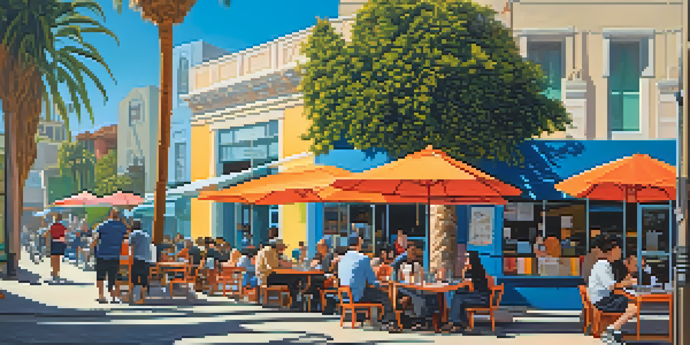 A lively outdoor café in Los Angeles with diverse writers discussing and writing, surrounded by palm trees and colorful murals under a sunny sky.