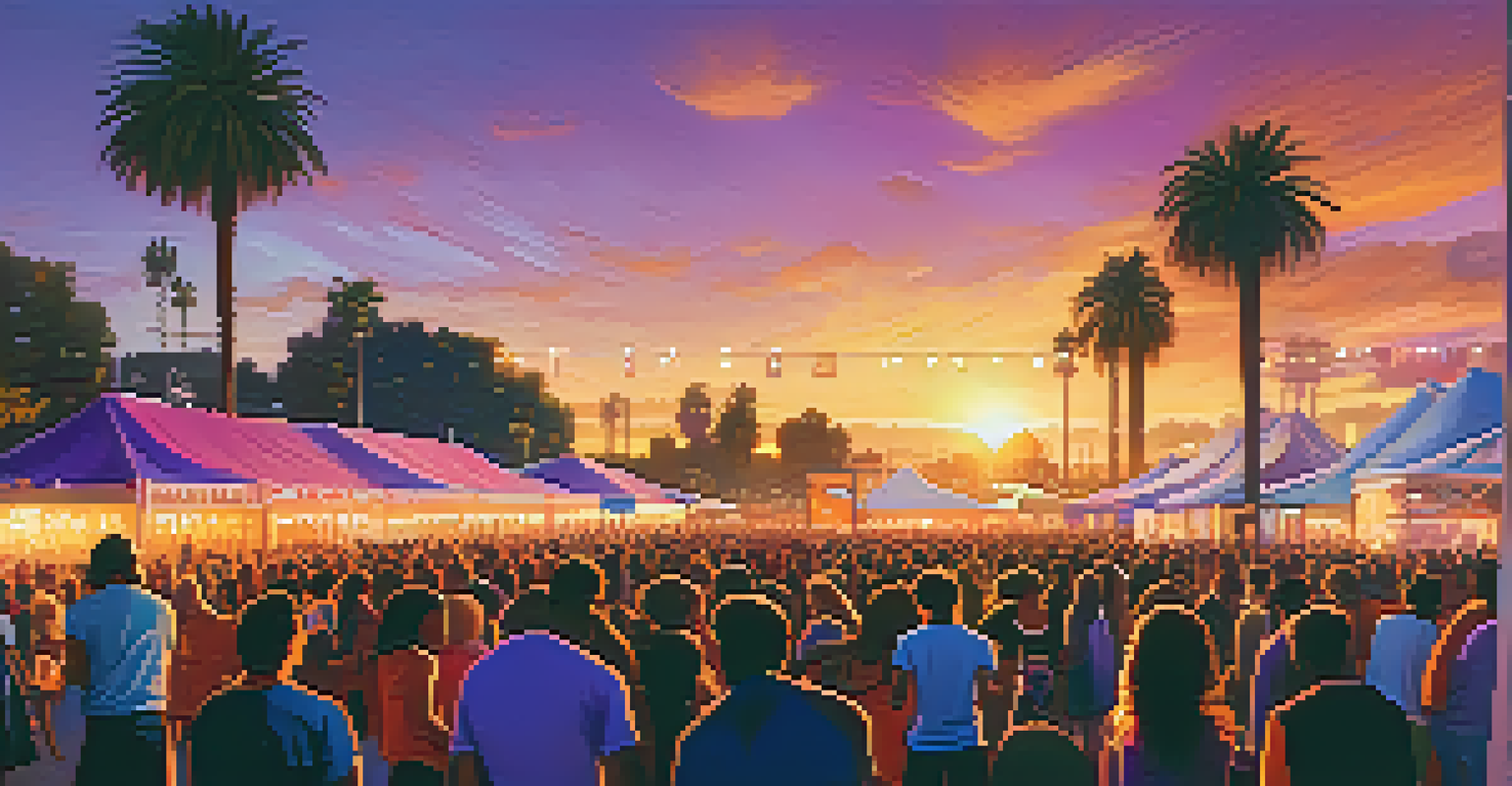 People enjoying an outdoor music festival in Los Angeles during sunset, with a vibrant stage and food trucks.