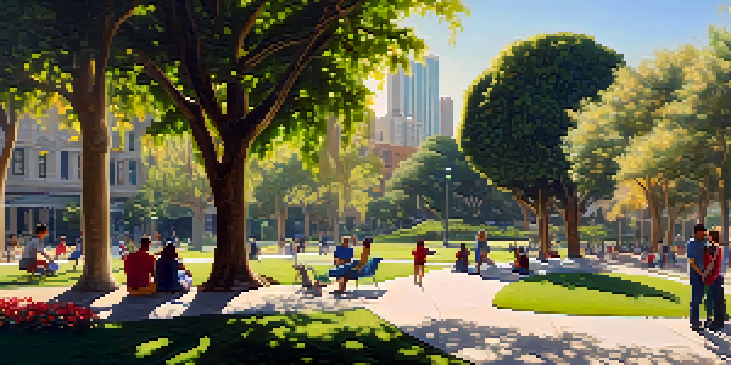 A lively urban park in Los Angeles filled with people enjoying nature, with tall buildings in the background and sunlight filtering through the trees.