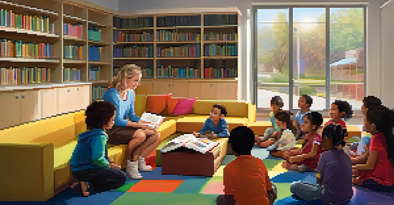 A volunteer reading a book to children at a library, surrounded by colorful cushions and a warm atmosphere.