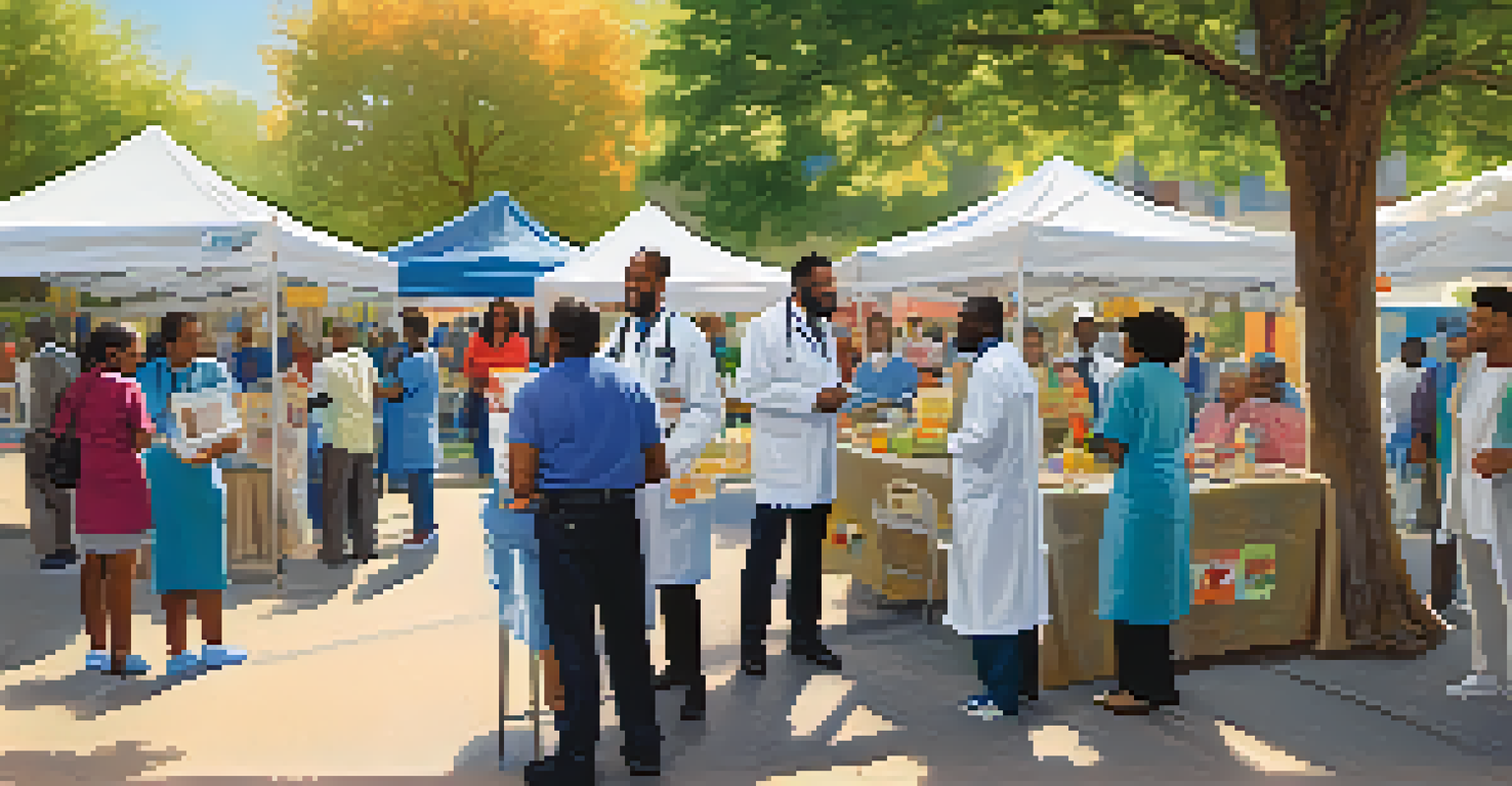 A lively health fair scene showcasing healthcare professionals interacting with a diverse community, under sunny skies.