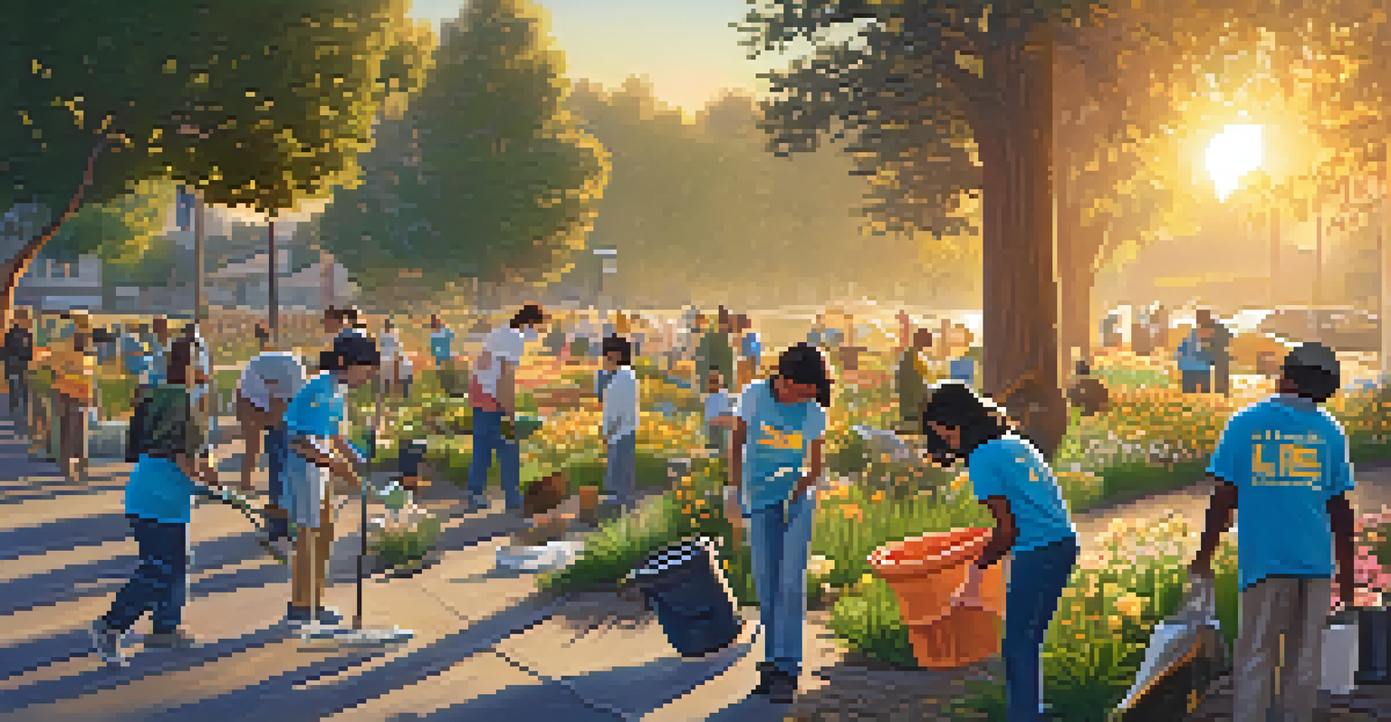Volunteers of different ages participating in a community clean-up event in a park in Los Angeles, with trees and flowers in the background at sunset.