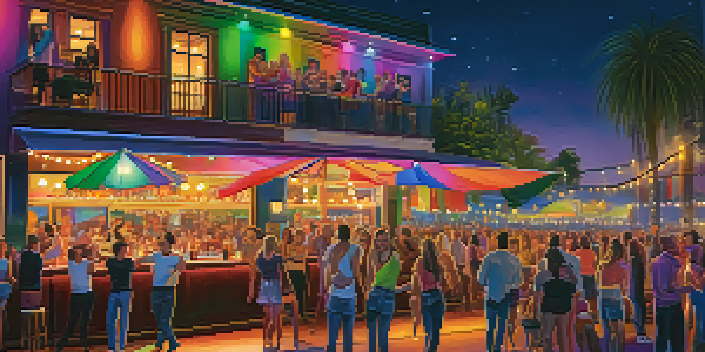 A lively scene of an LGBTQ+ bar in West Hollywood during a Pride celebration, with colorful rainbow decorations and patrons enjoying the festivities.