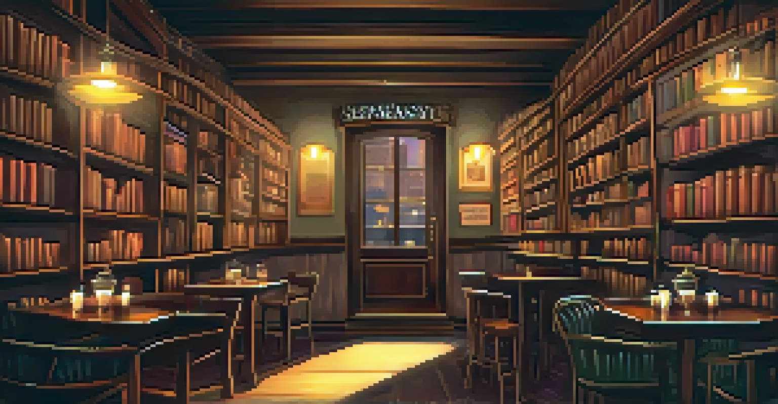 A hidden entrance to a speakeasy disguised as a bookcase in a café, with a soft glow and vintage books.