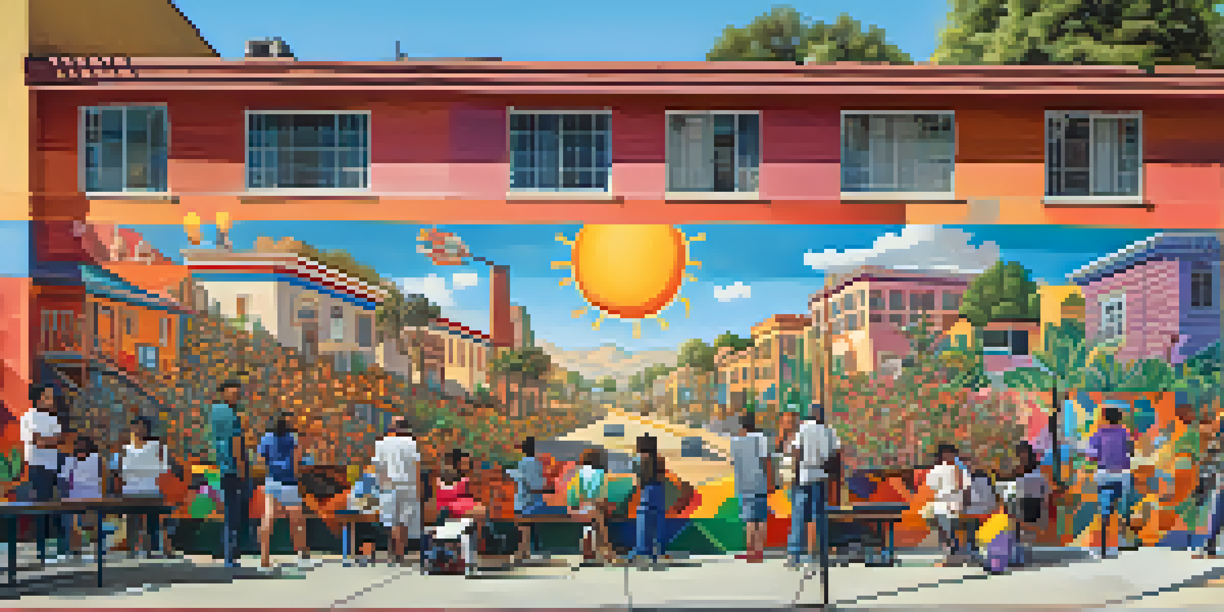 A colorful mural illustrating a Los Angeles community, featuring diverse individuals interacting, with bright colors and intricate designs.