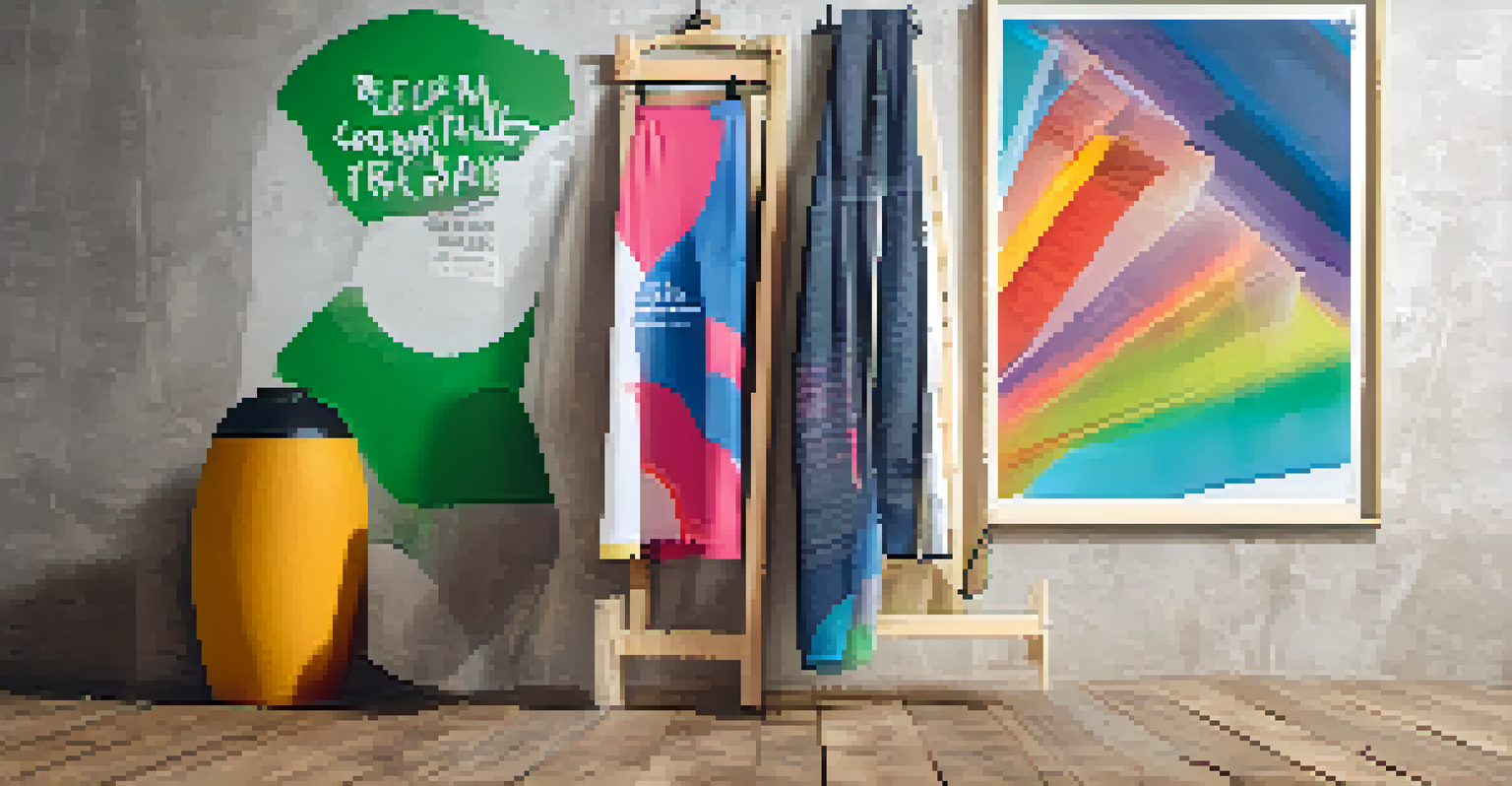 A close-up view of colorful sustainable fitness apparel in a boutique studio, with a background featuring recycling information and motivational messages.