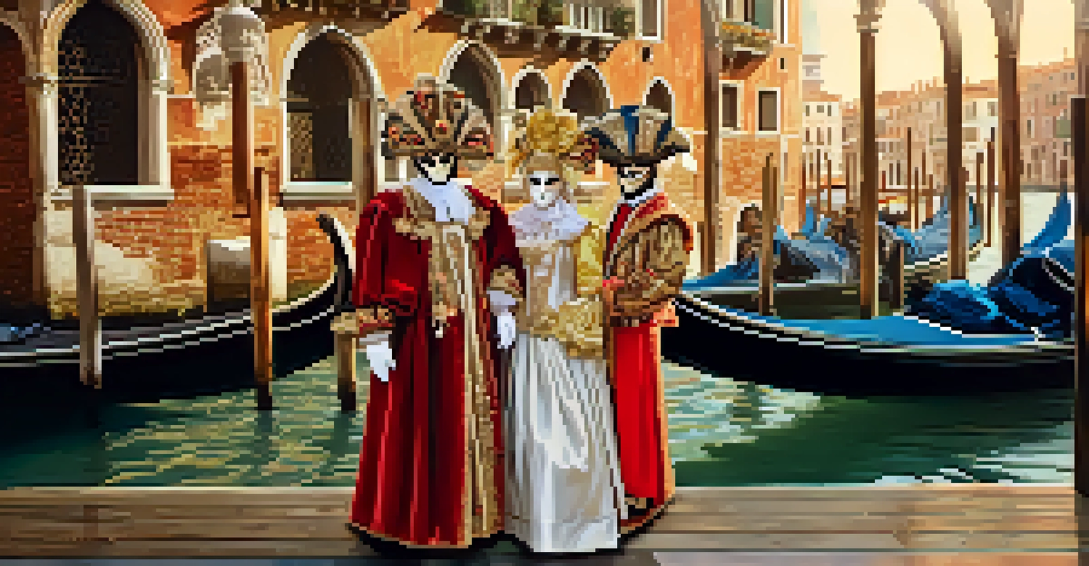Participants in elaborate masks and costumes at the Venice Carnival, with gondolas and canals in the background, illuminated by soft golden light.