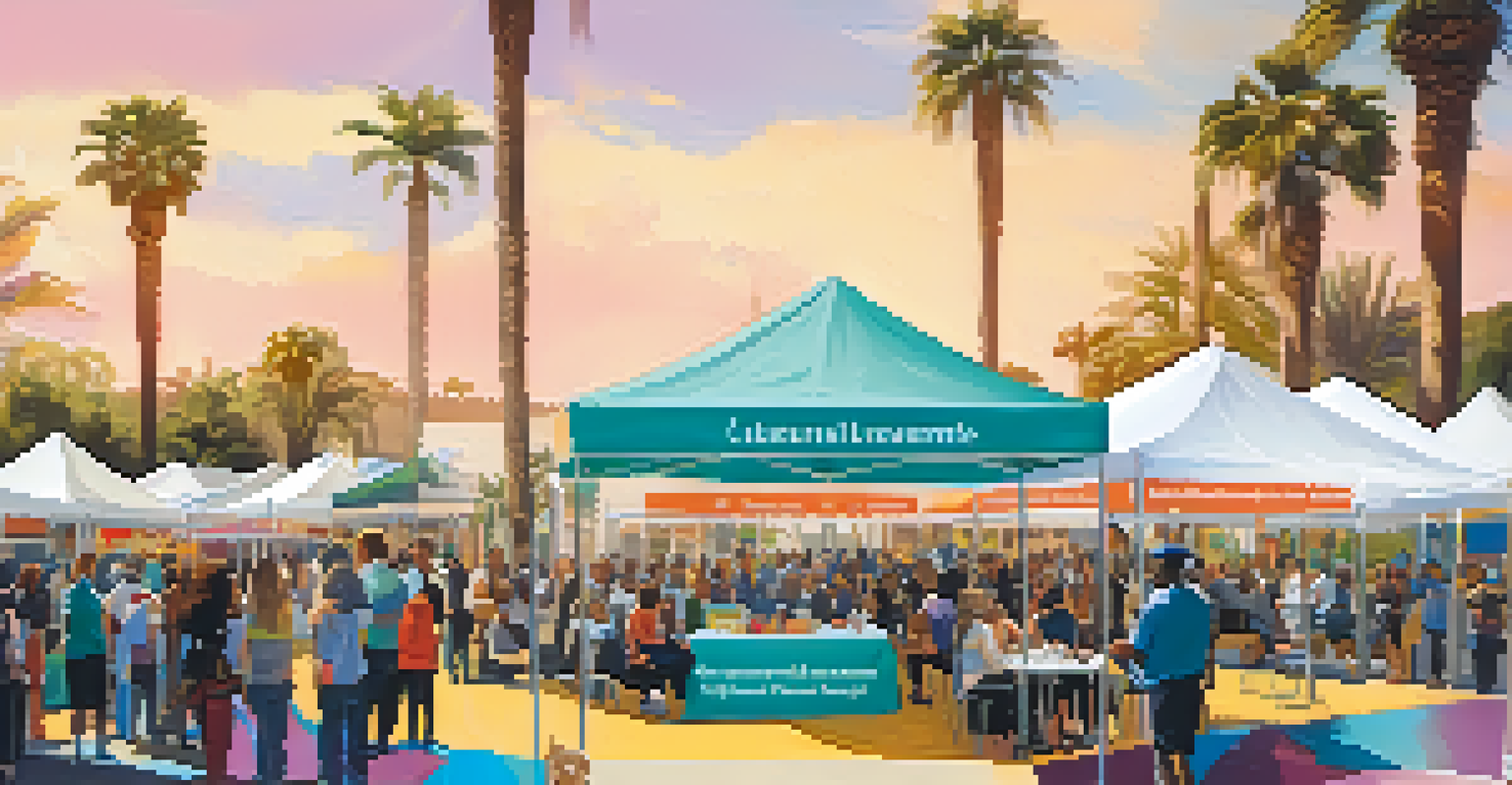 An outdoor mental health awareness event in Los Angeles with booths and diverse attendees under a sunny sky, promoting cultural competence.