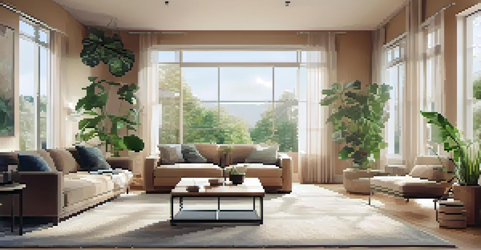An interior view of an eco-friendly living room with natural light, plants, and modern smart home devices.