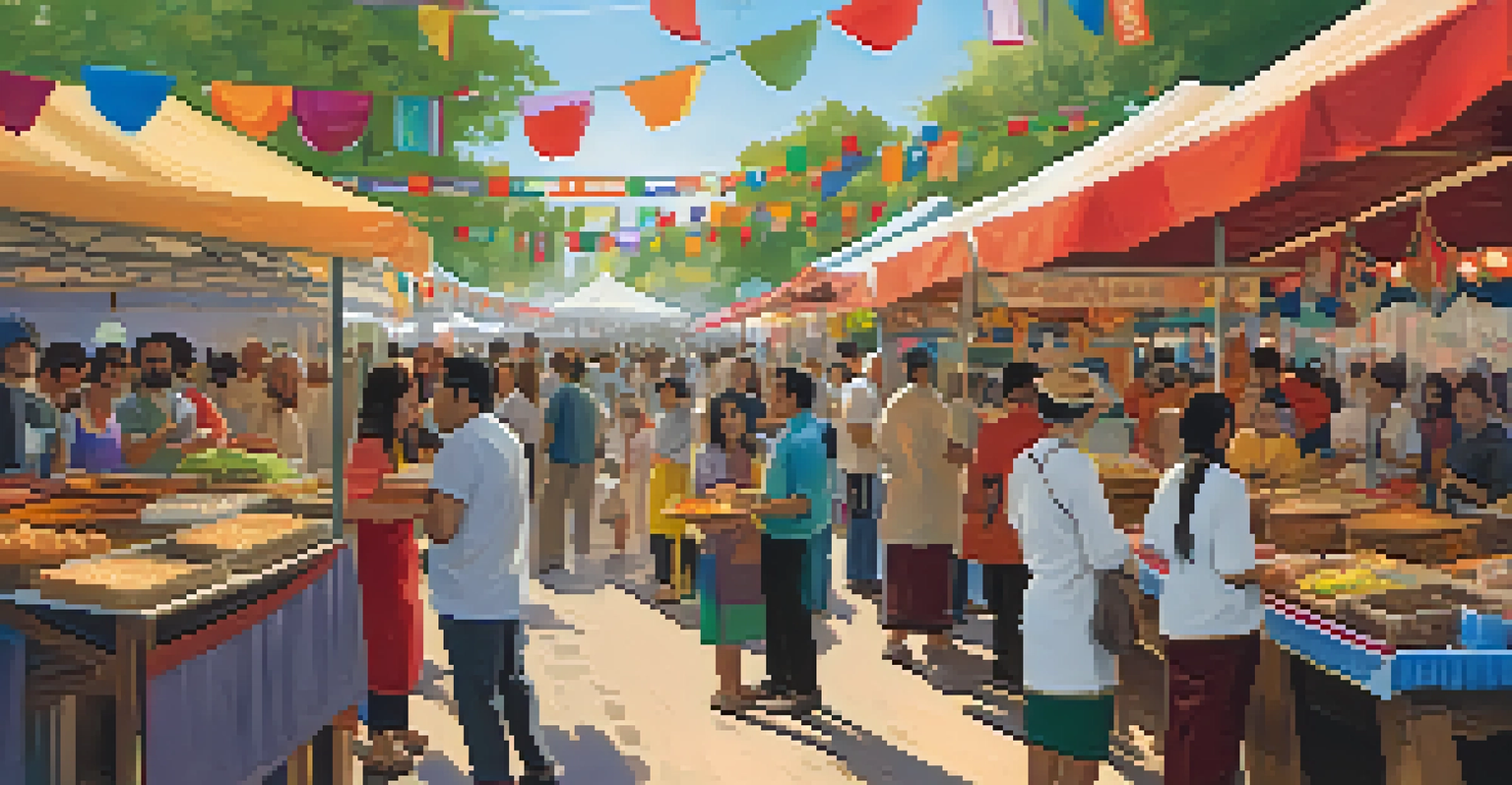 A bustling food market at a multicultural festival, with diverse food stalls and people sampling various dishes under colorful decorations.