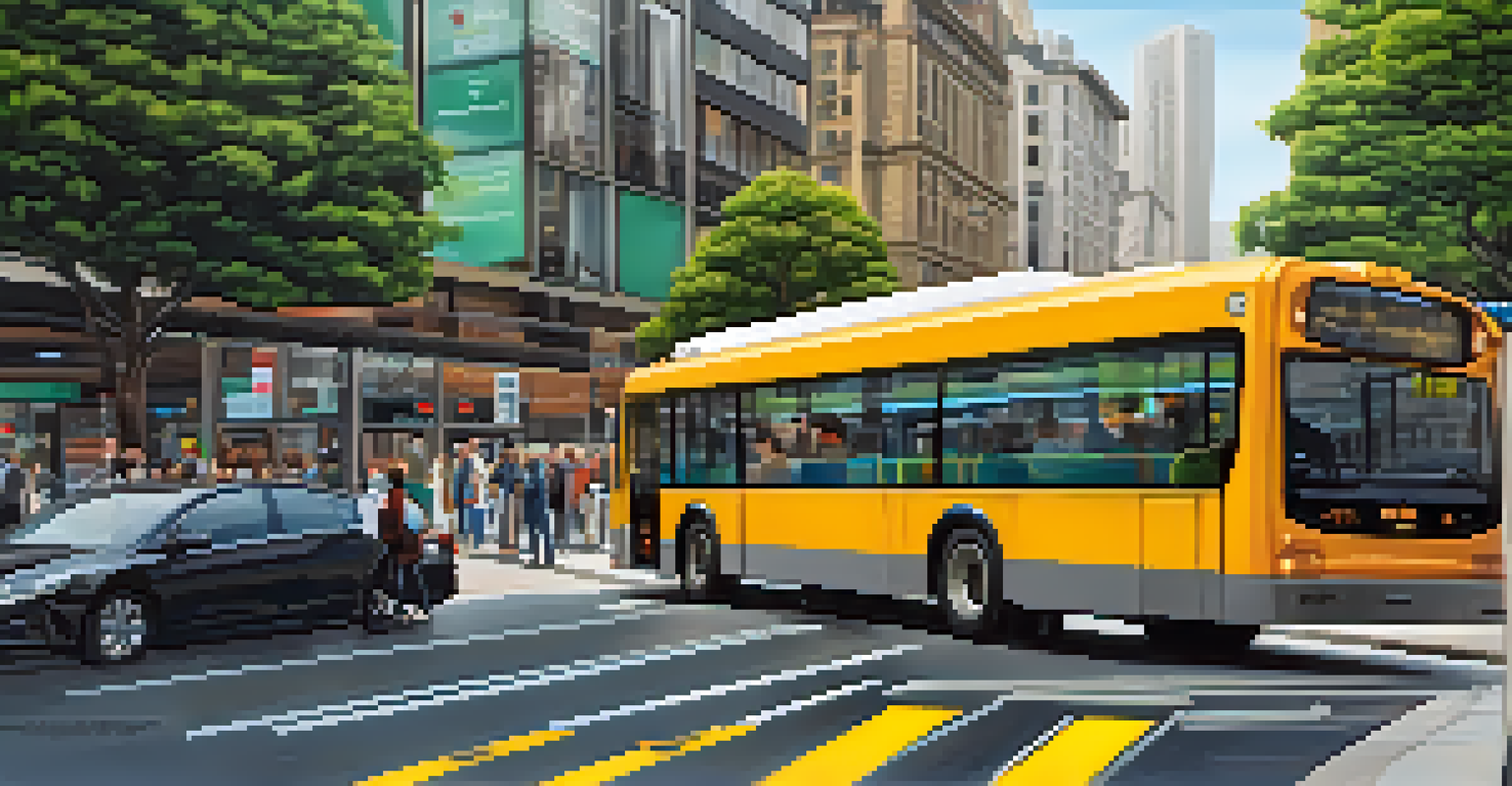 A public transport bus with real-time updates, showing commuters inside and a digital display outside, set against an urban backdrop.