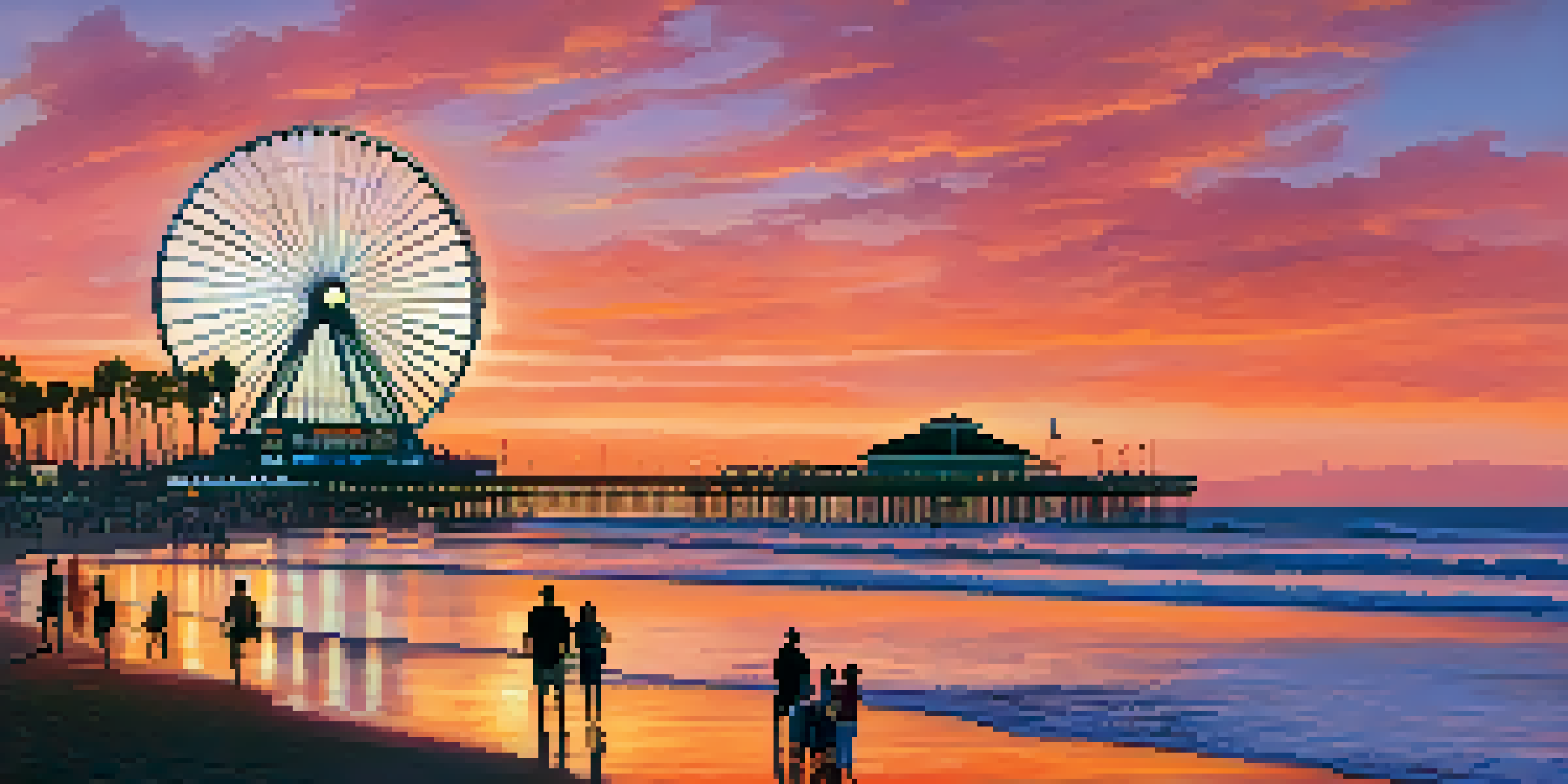 A picturesque sunset at Santa Monica Beach with families and street performers, featuring the iconic pier and a colorful sky.