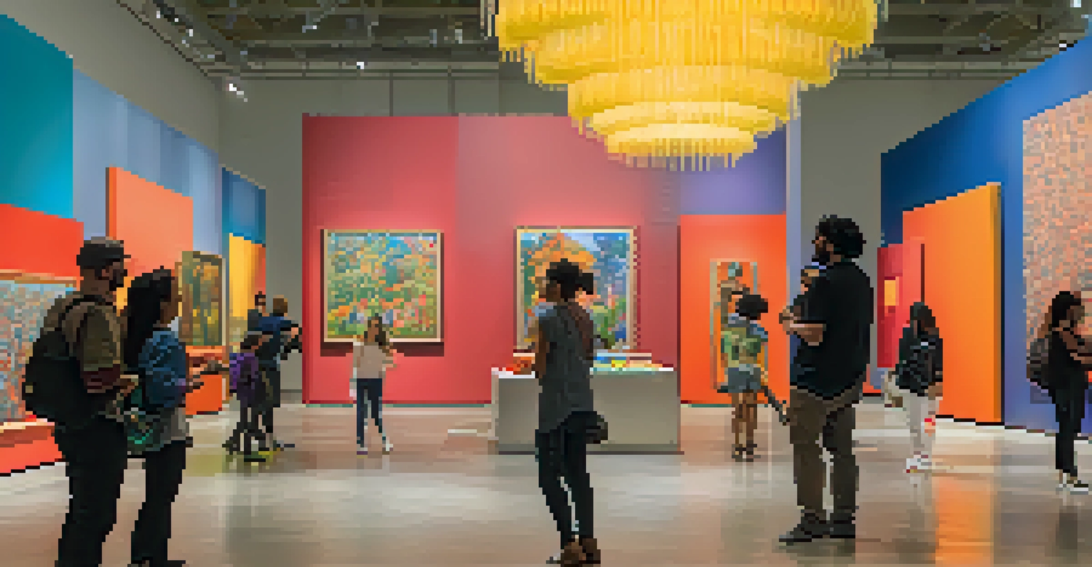 Visitors engaging with an interactive art installation at LACMA, showcasing diverse artworks, vibrant colors, and a modern chandelier.