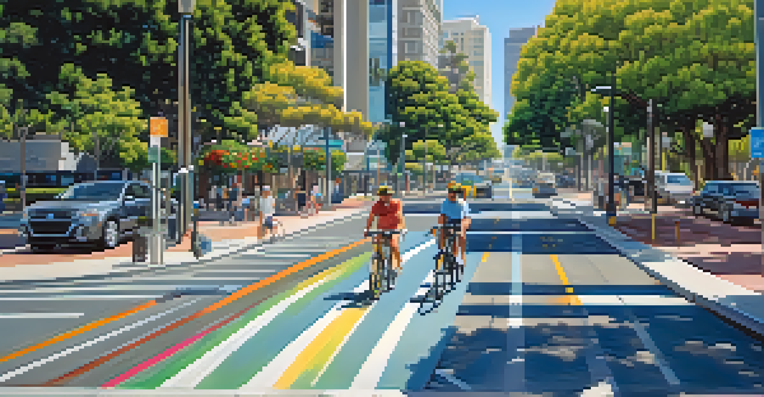 A scenic bike lane connecting to a transit station in Los Angeles, surrounded by greenery and people.