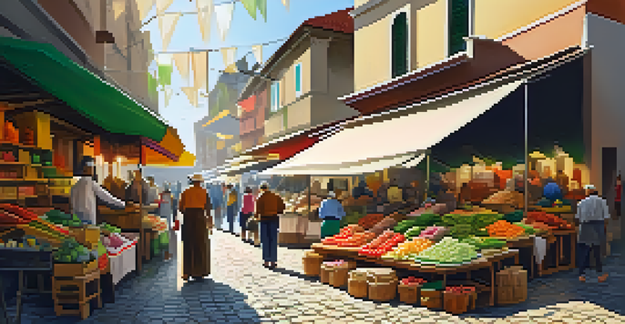 A lively local market with colorful stalls, vendors selling crafts and fresh produce, and people interacting in a sunny atmosphere.