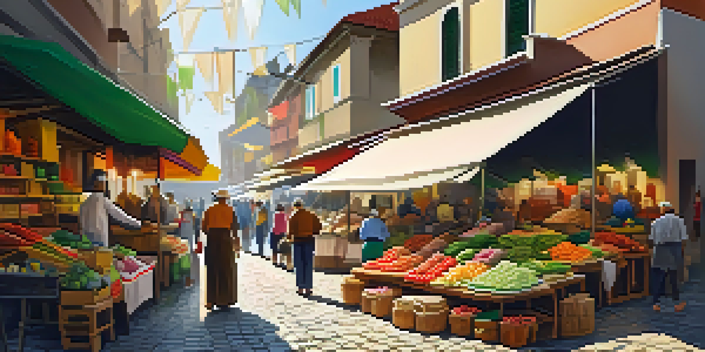 A lively local market with colorful stalls, vendors selling crafts and fresh produce, and people interacting in a sunny atmosphere.
