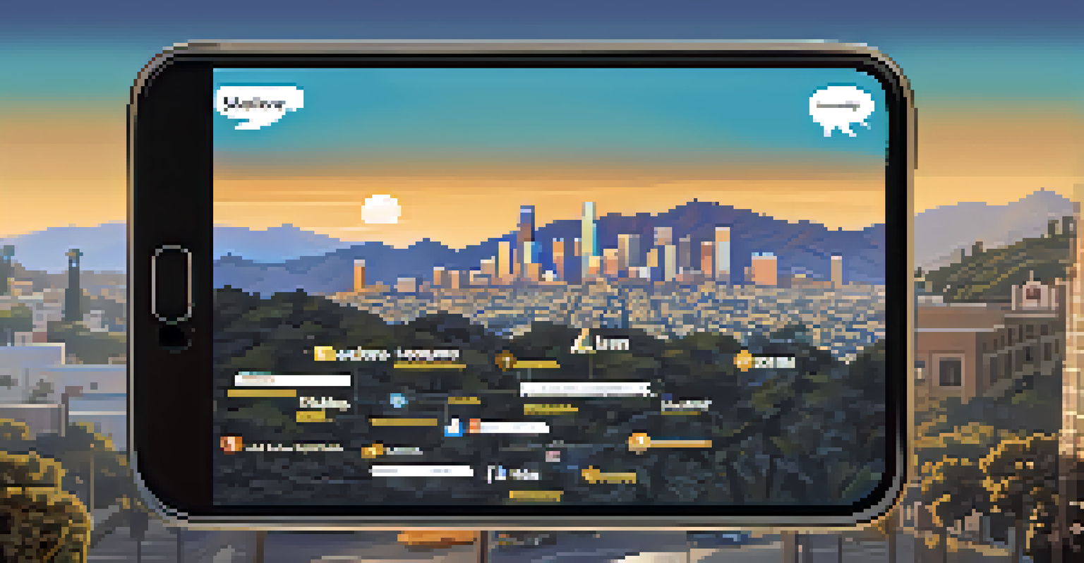 A smartphone showing Twitter with trending hashtags against a backdrop of Los Angeles landmarks.