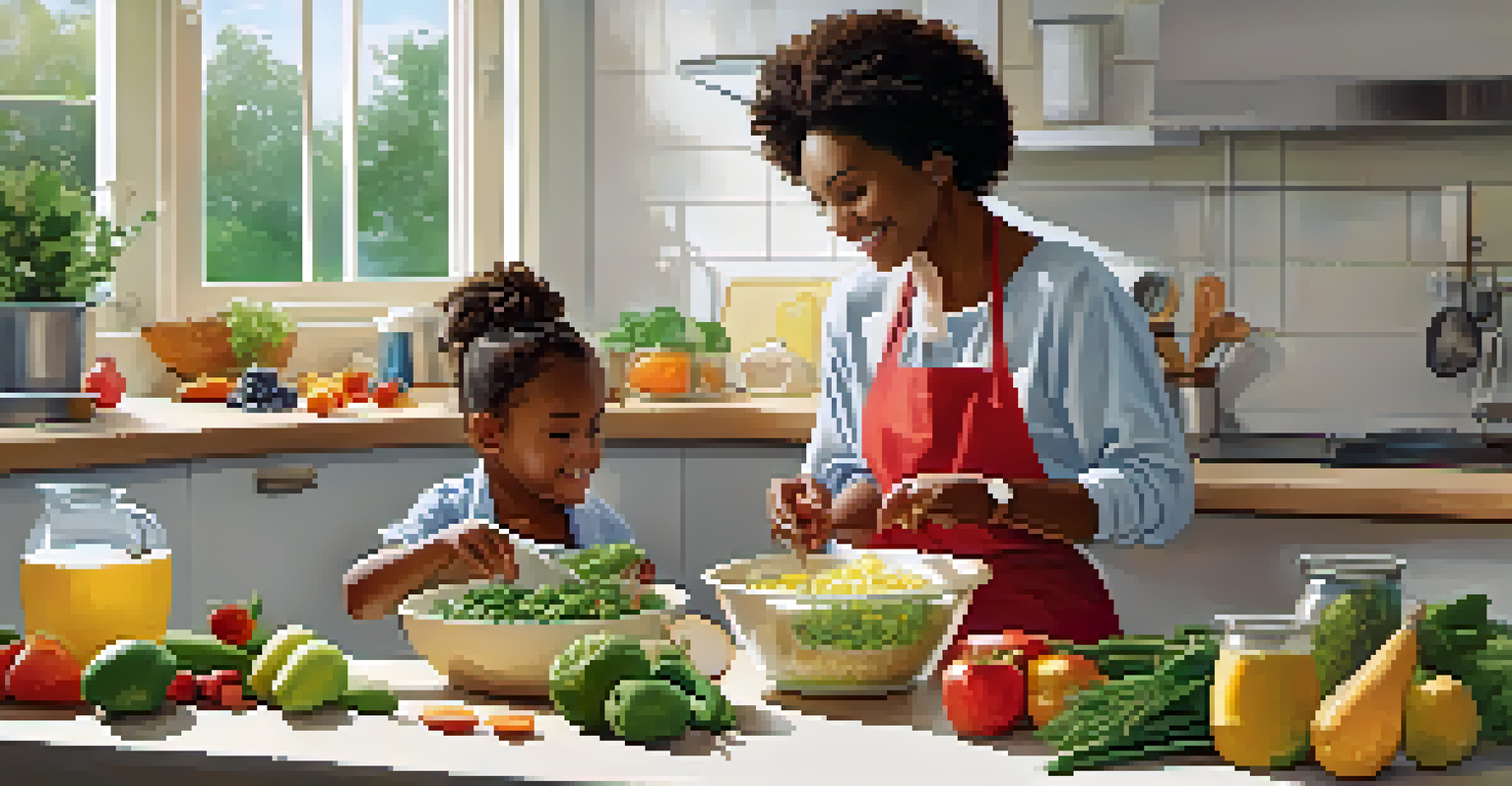 A caregiver and a child cooking together in a bright kitchen filled with fresh ingredients.