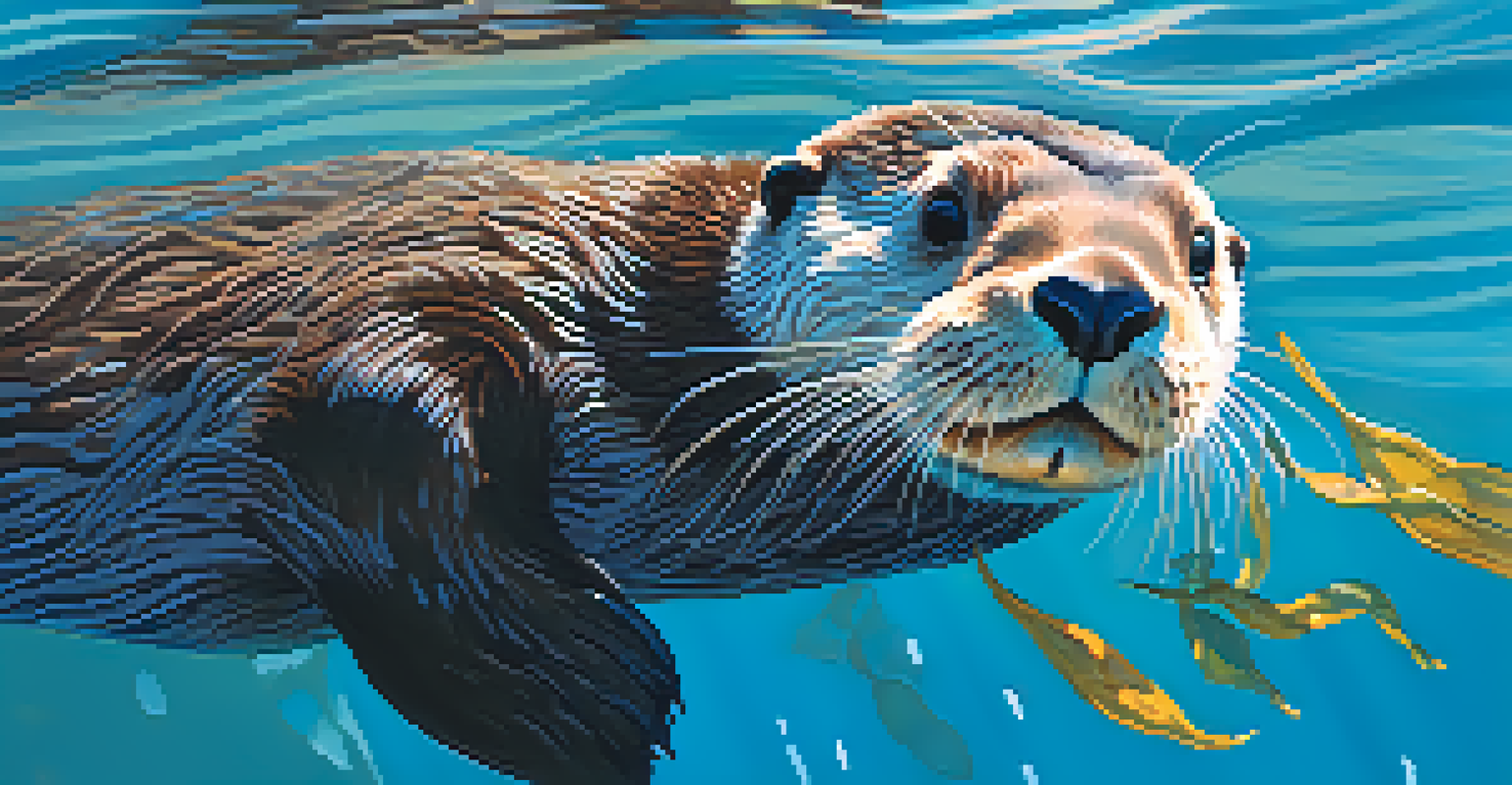 A California sea otter floating in clear blue waters, playfully holding a kelp strand, with sunlight reflecting on the water's surface.