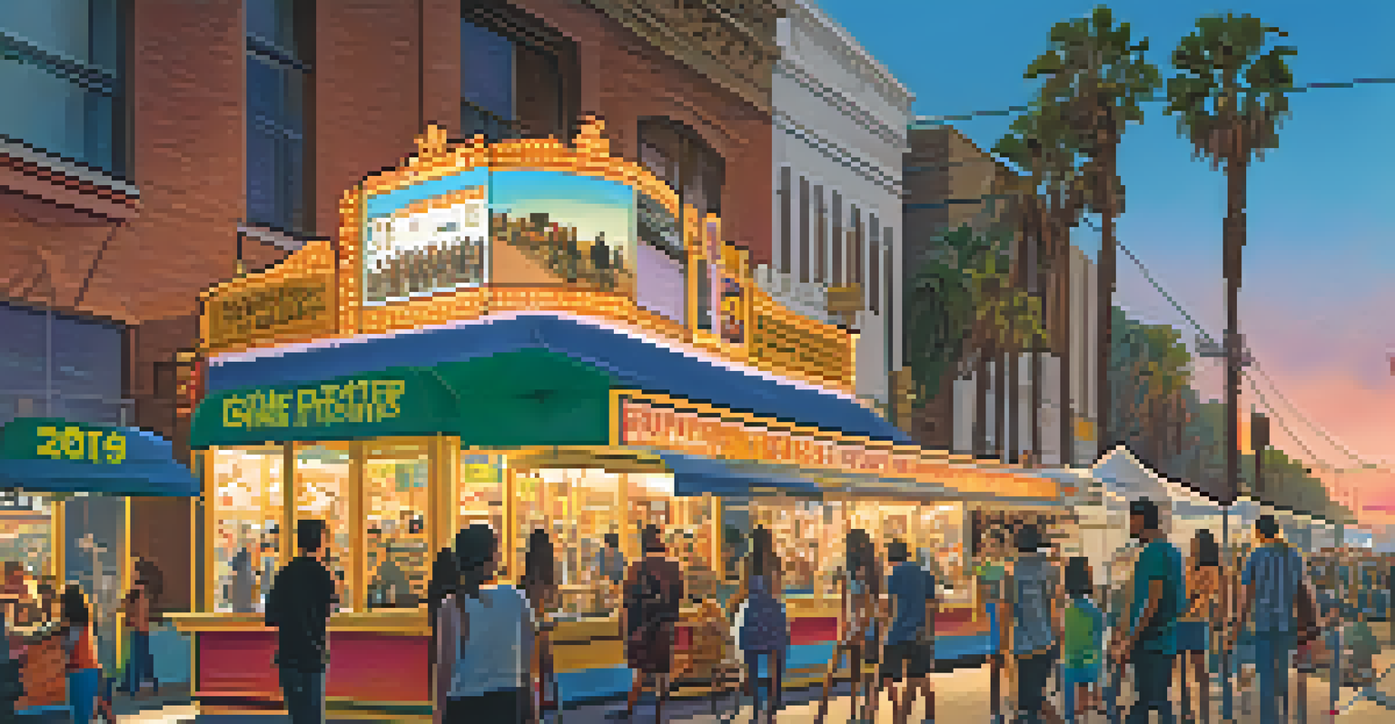 A lively street scene in Los Angeles during the film festival, featuring a pop-up cinema, colorful posters, and food trucks under a sunset sky.