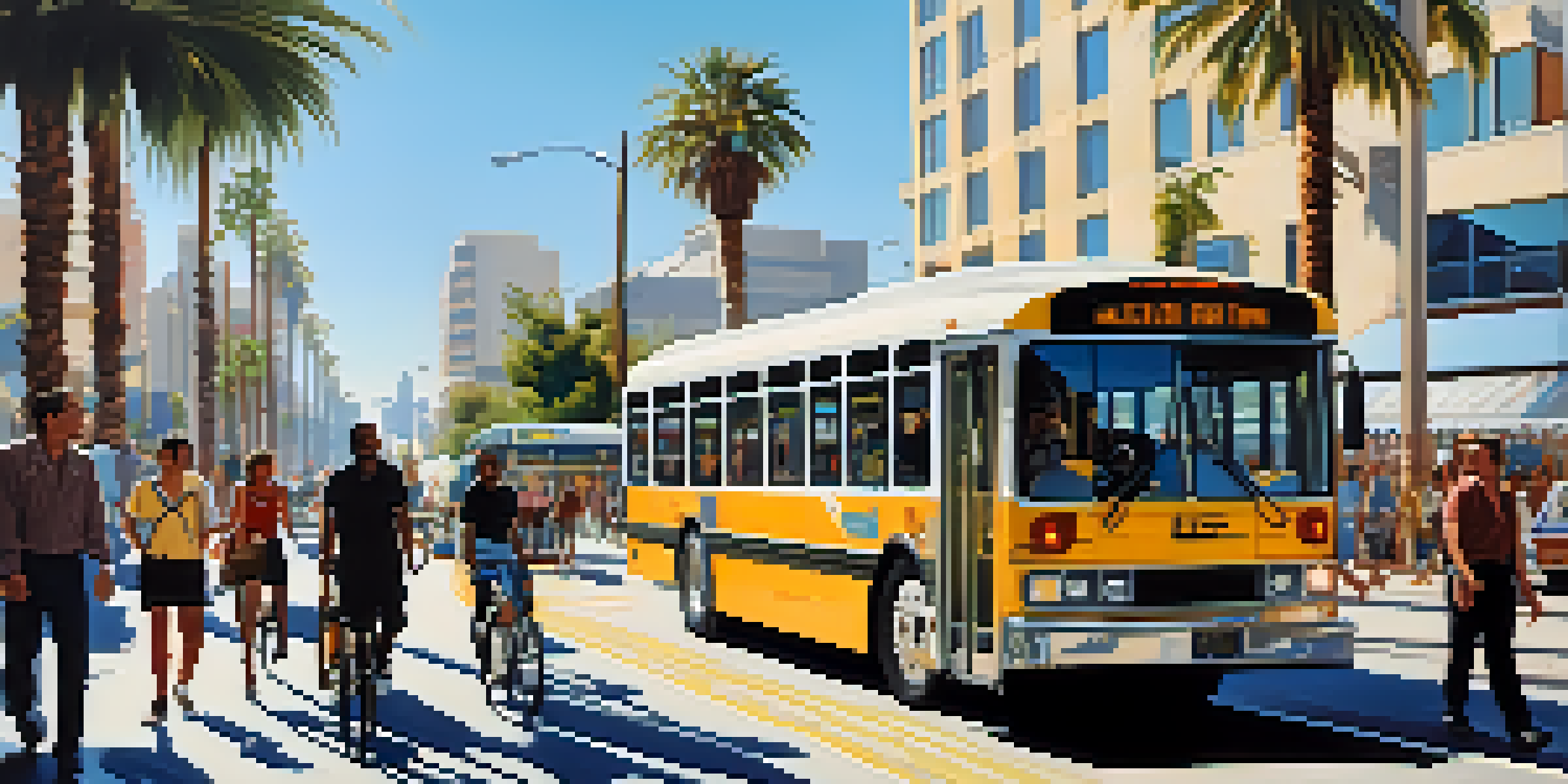 A vibrant street scene in Los Angeles with people using electric buses, bicycles, and walking, surrounded by palm trees and modern buildings.