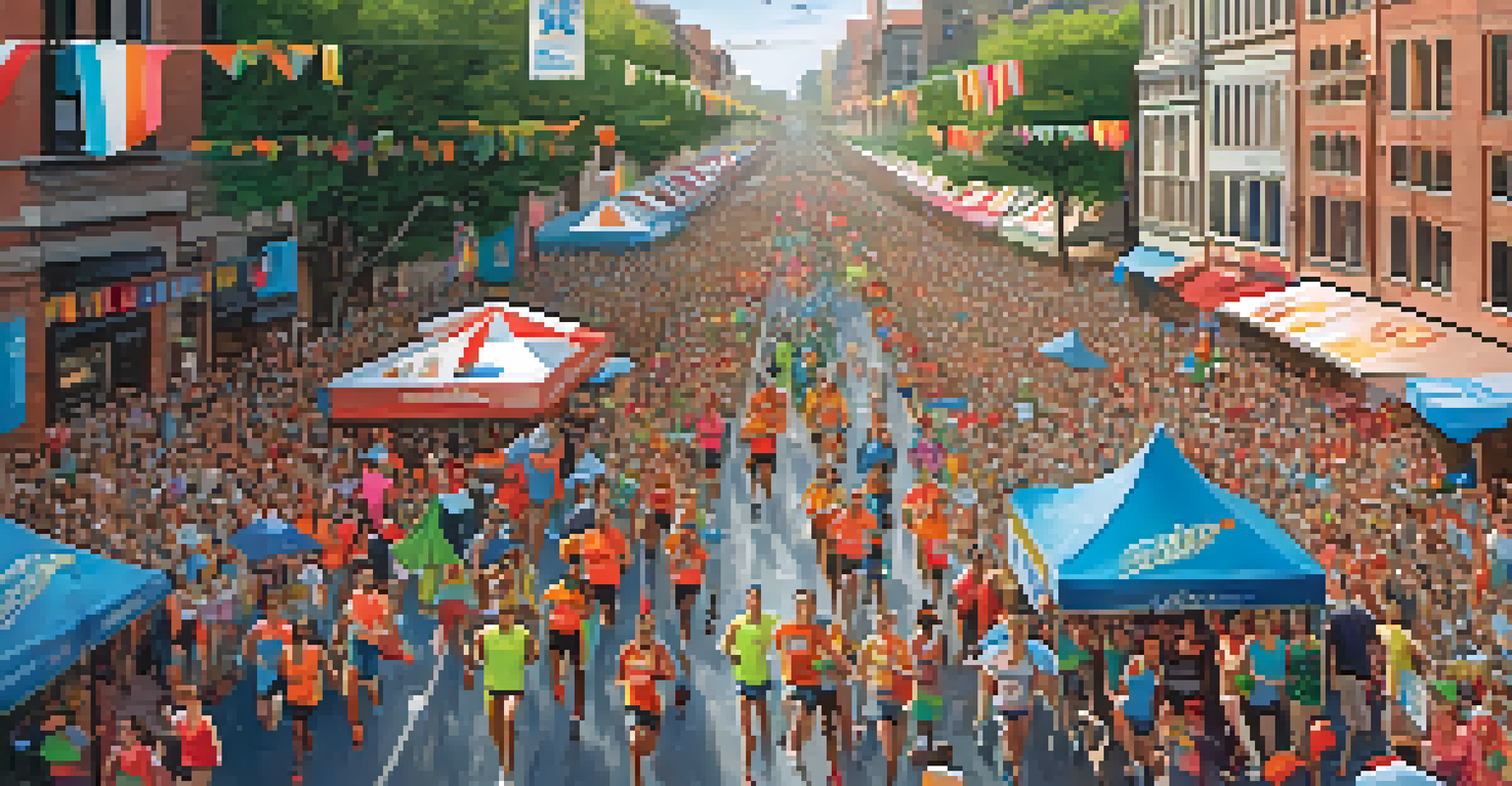 An aerial view of a local marathon with diverse runners and cheering spectators, showcasing community spirit.